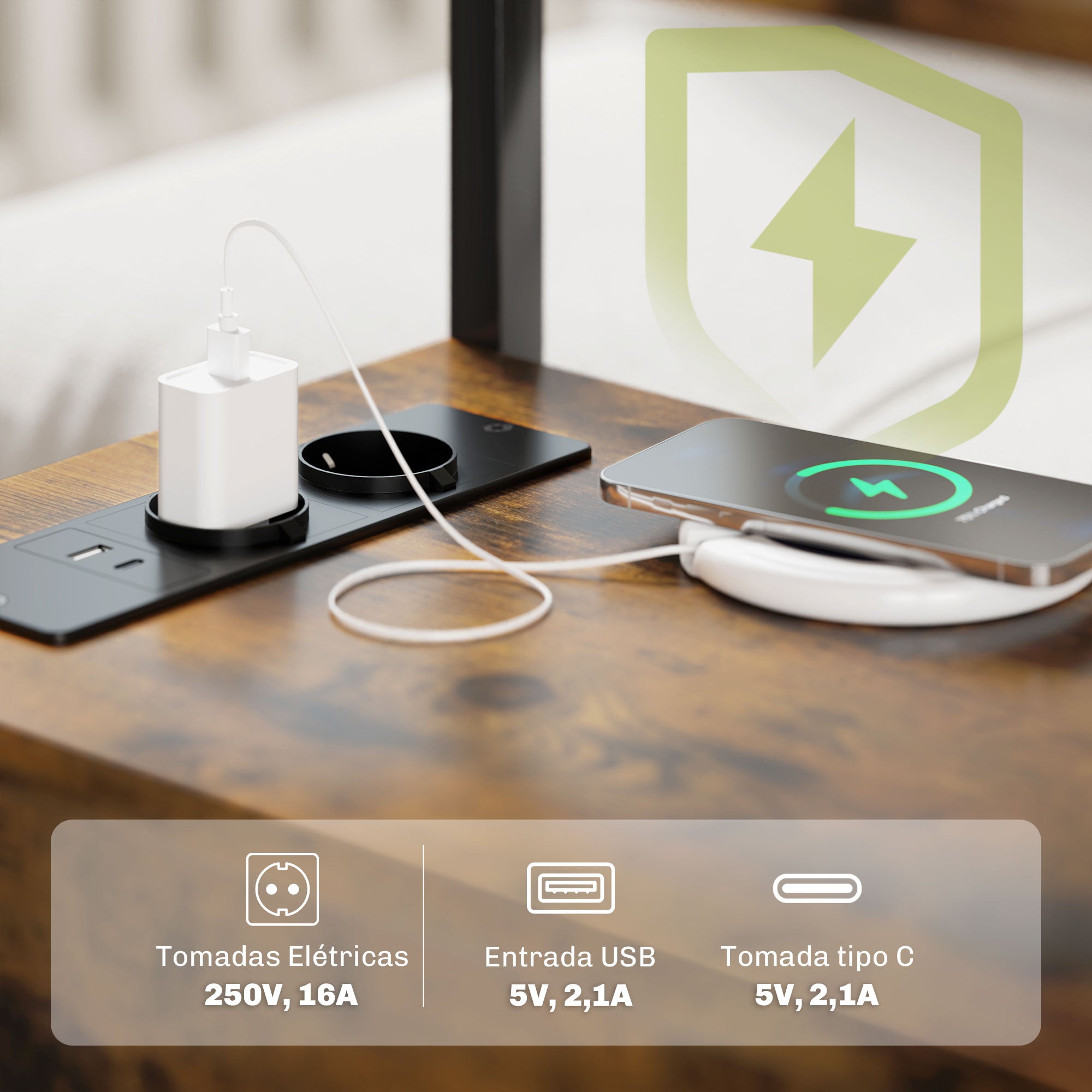 Mesa Auxiliar com Estação de Carga e 2 Gavetas – 55x35x58,5 cm – Castanho Rústico – Melamina de madeira e metal