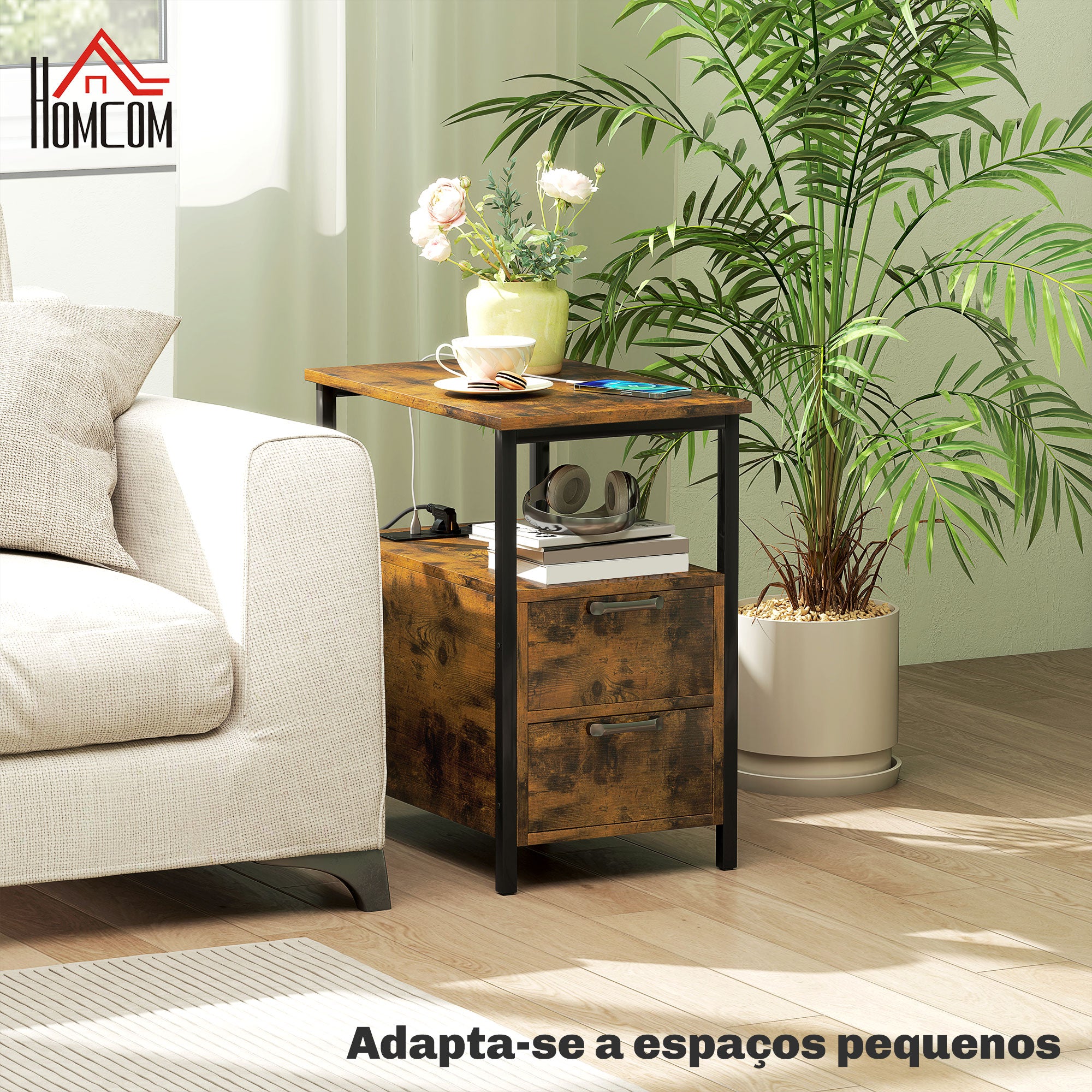 Mesa Auxiliar com Estação de Carga e 2 Gavetas – 55x35x58,5 cm – Castanho Rústico – Melamina de madeira e metal