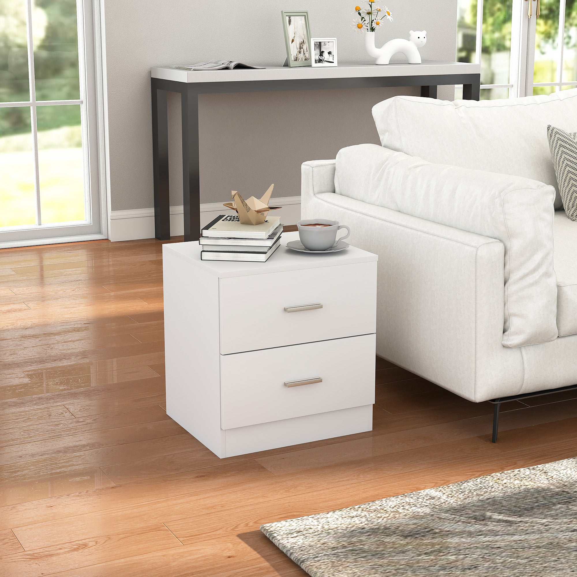 Mesa de Cabeceira Moderna Branca 45x39,5x49 cm com 2 Gavetas