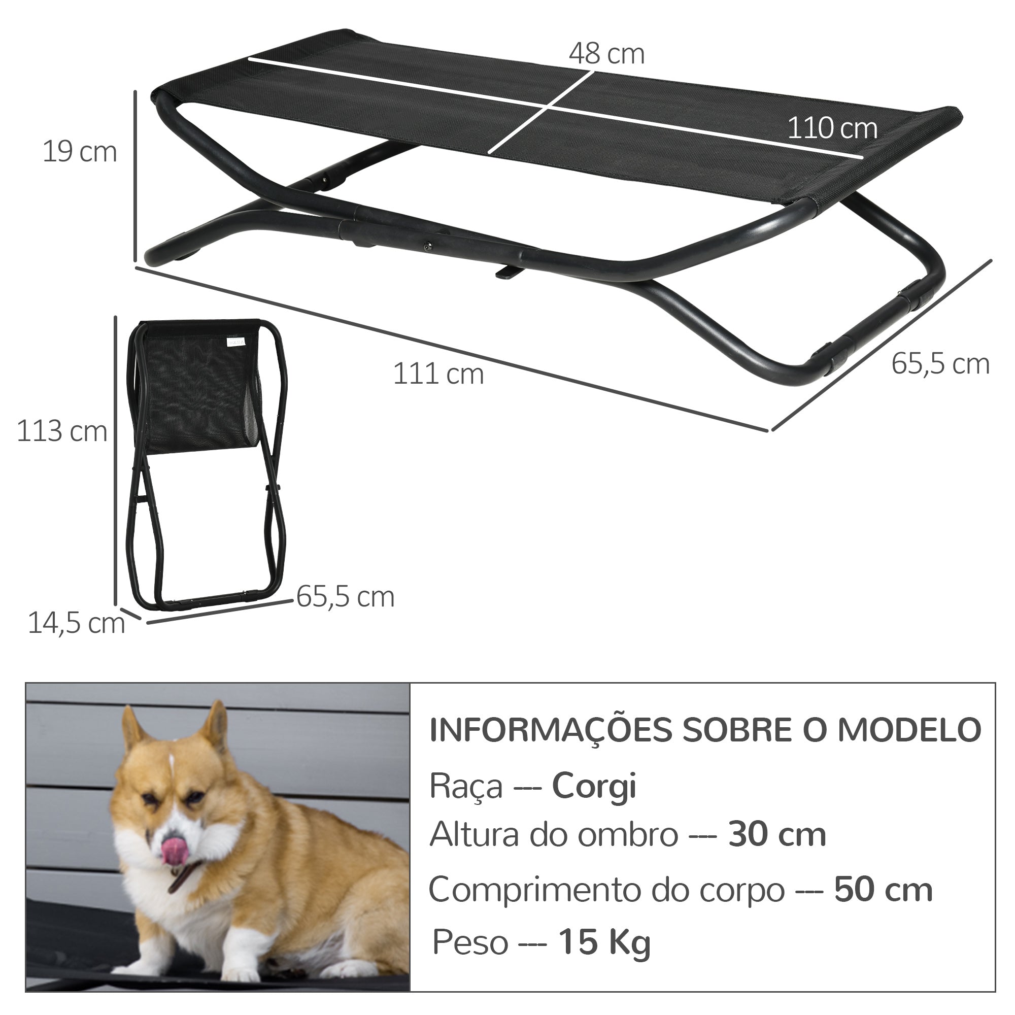 Cama Elevada para Animais de Estimação - 111x65,5x19cm - Preto