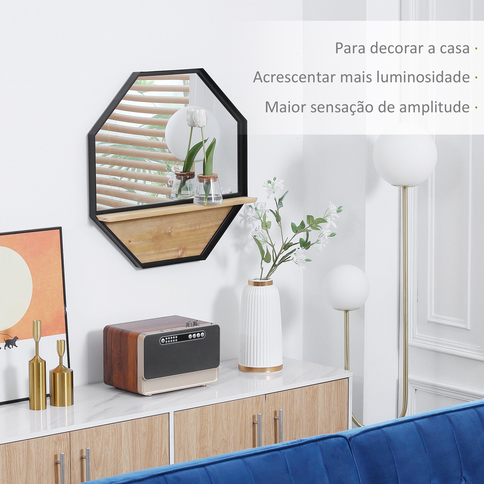 Espelho Decorativo de Parede 61x61cm Preto e Madeira