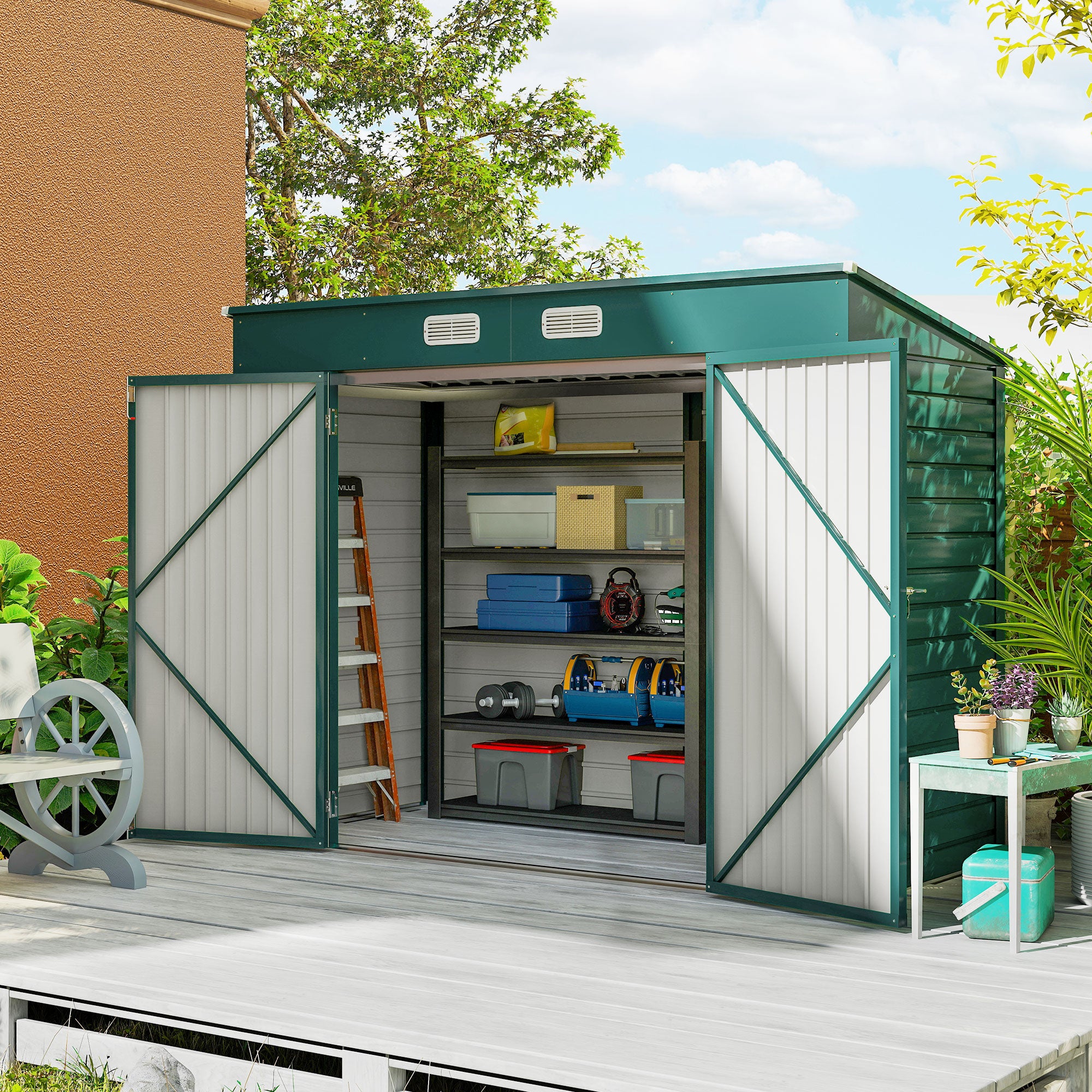 Abrigo de Jardim Verde 249x121x166/183 cm - Estrutura de Aço, Ventilação e Trava