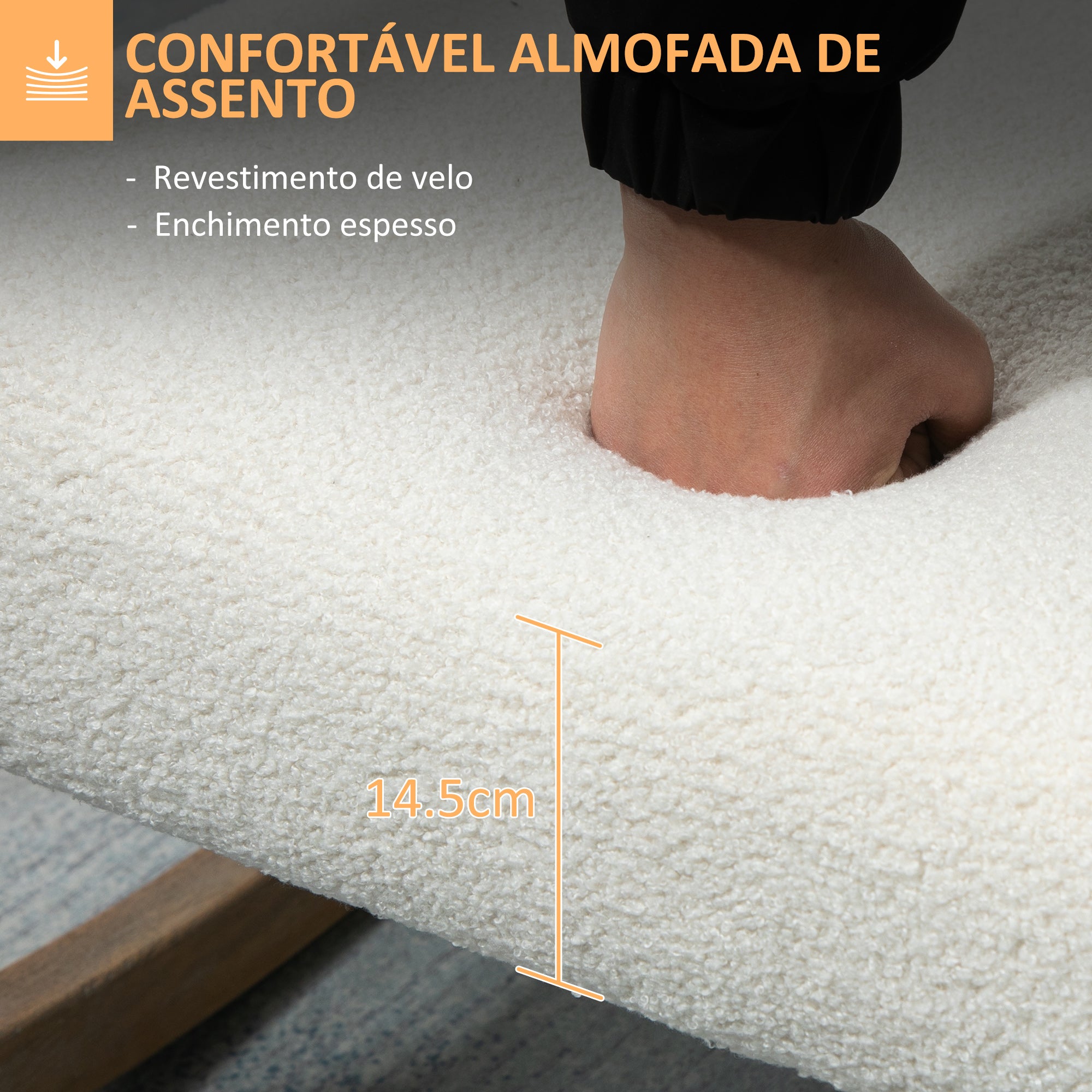 Poltrona de Balanço Estofada – 60x81x71cm – Creme – Madeira de borracha e Tecido Borreguito