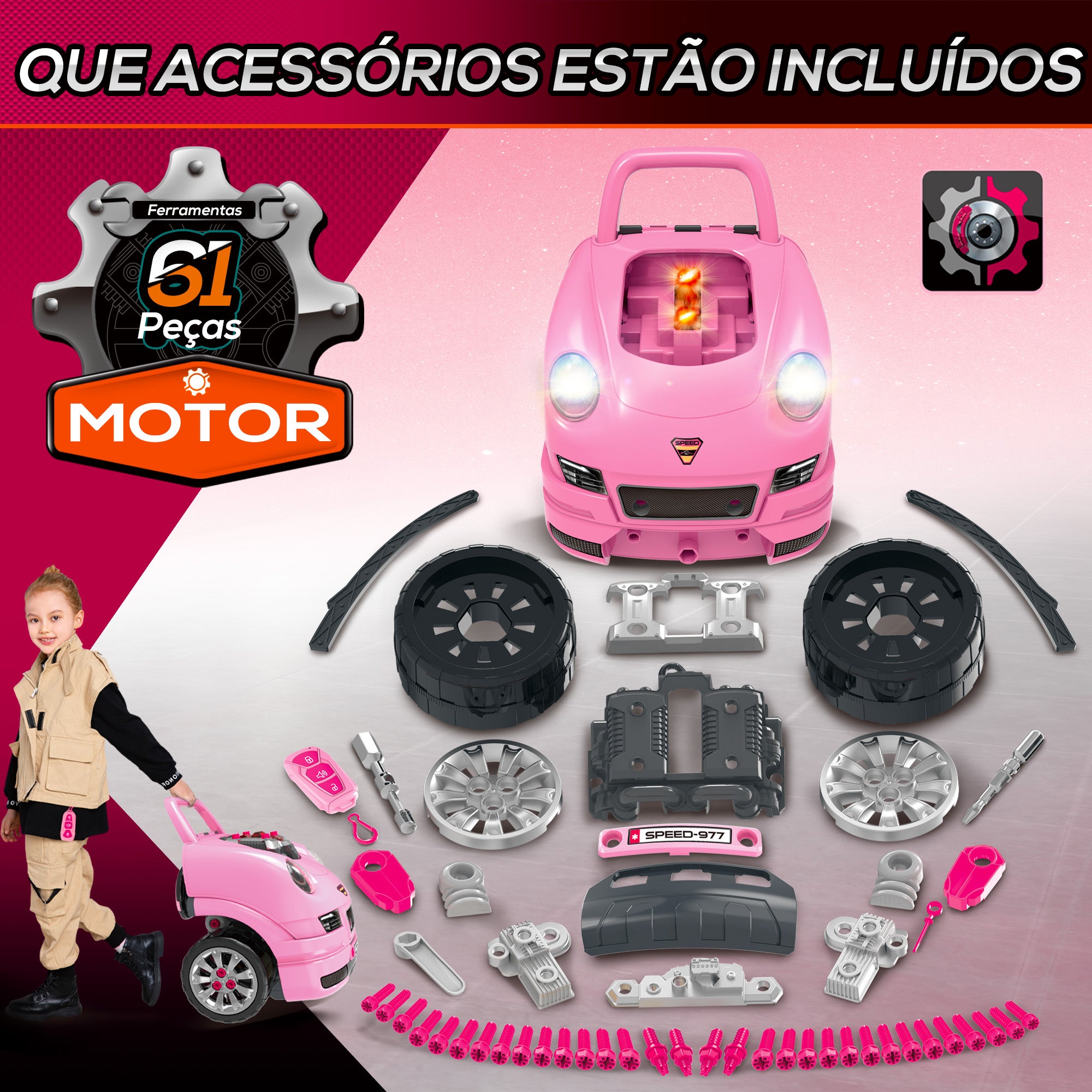 Motor de Caminhão para Crianças - Rosa - 40x39x47 cm