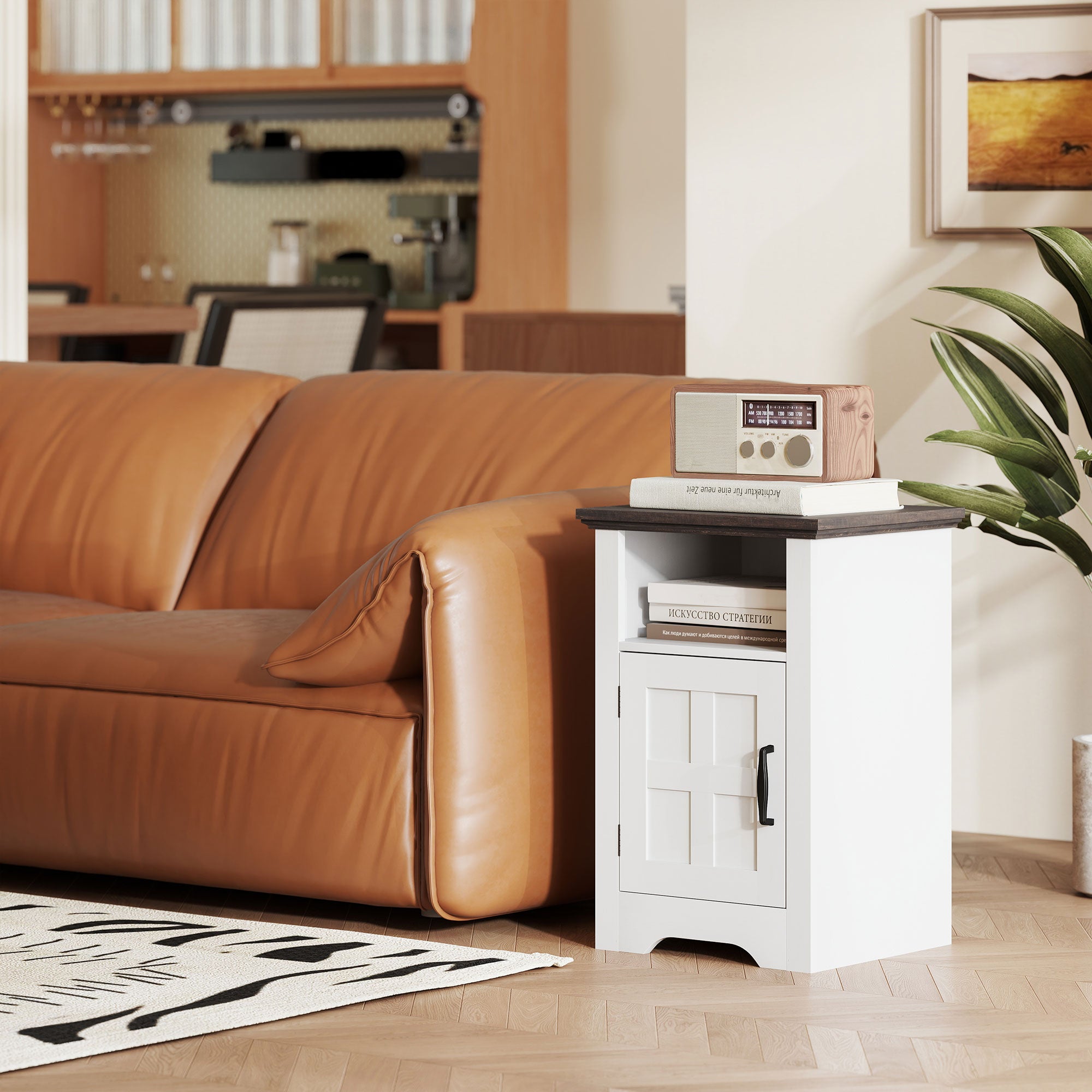 Mesas Auxiliares Brancas 40x35x60 cm - Conjunto de 2 com Porta Estilo Celeiro e Prateleira Aberta