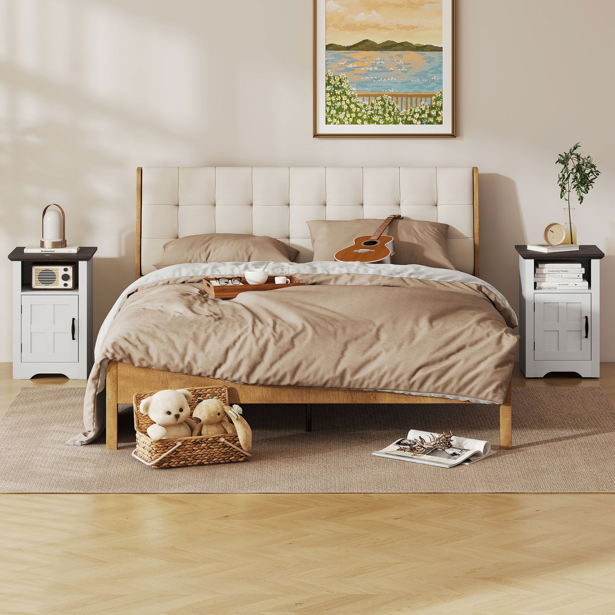 Mesas Auxiliares Brancas 40x35x60 cm - Conjunto de 2 com Porta Estilo Celeiro e Prateleira Aberta