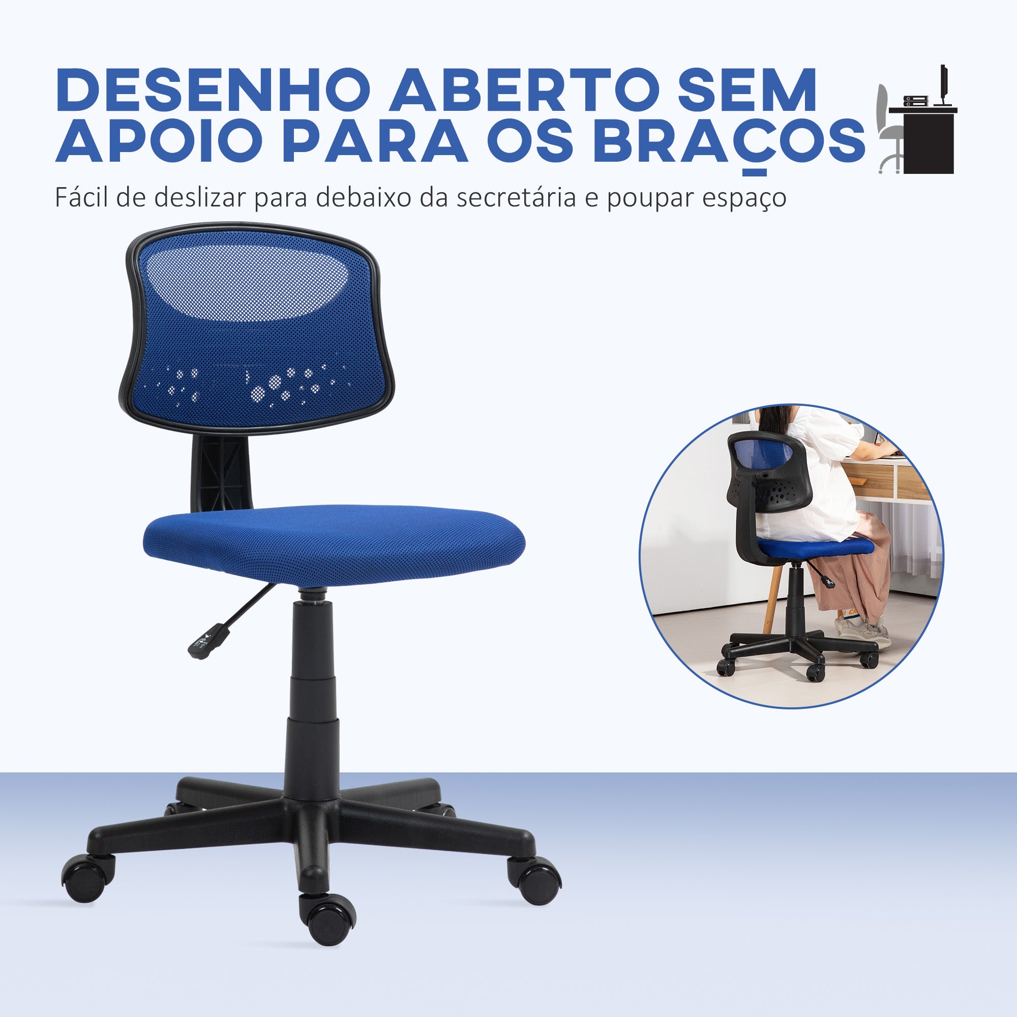 Cadeira de Escritório Giratória Azul 43x48x78-88 cm - Encosto em Malha Respirável