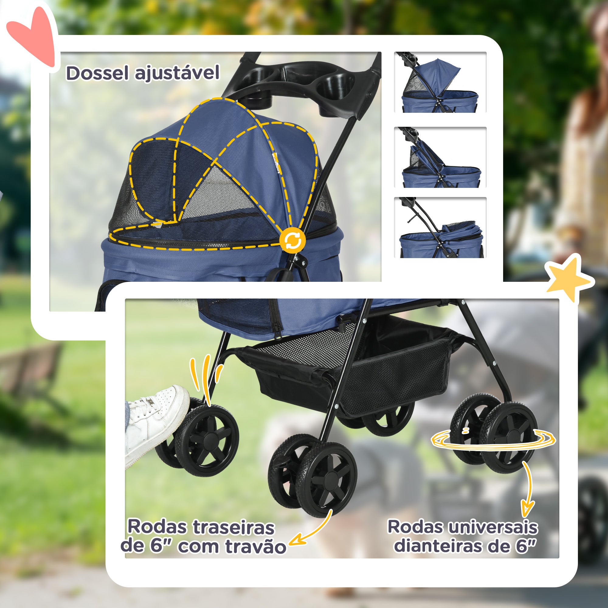 Carrinho para Cães Dobrável Azul 67x45x96 cm