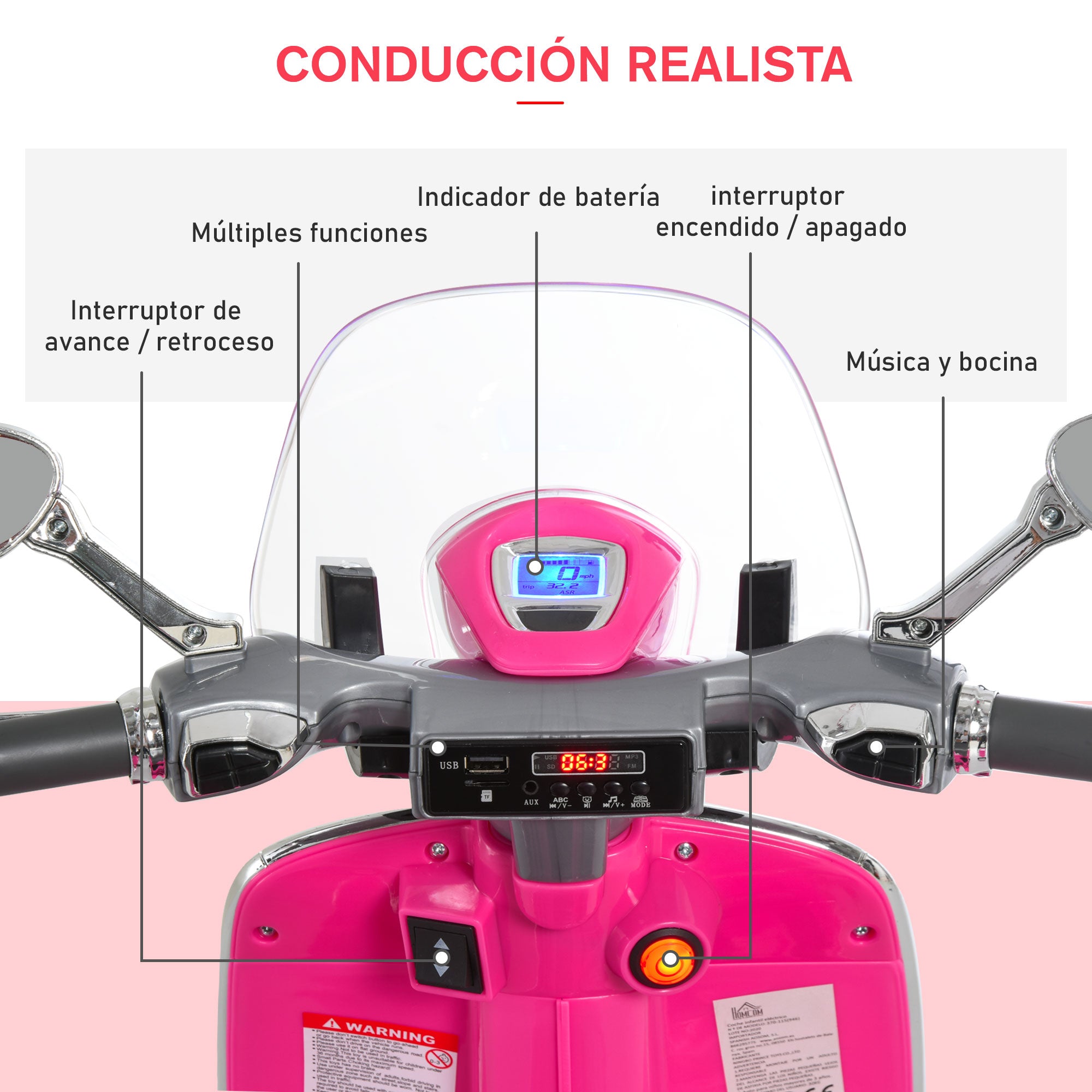 Mota Elétrica Infantil 108x49x75 cm Rosa - Diversão e Segurança para Crianças