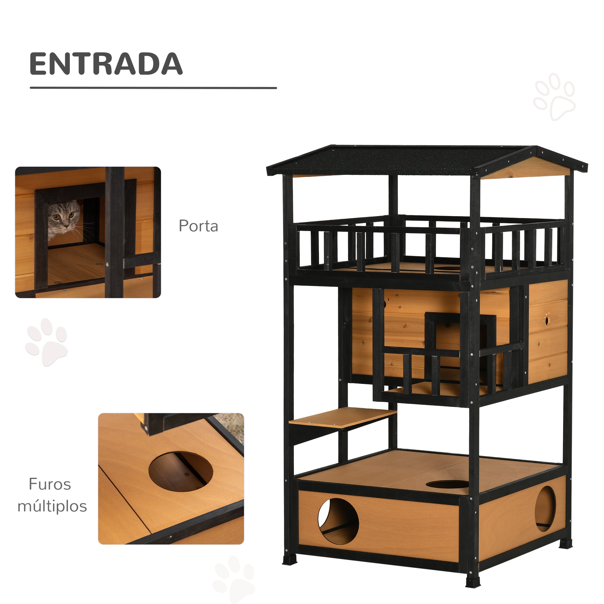 Casa para Gatos de Madeira Natural 75,5x75x137 cm