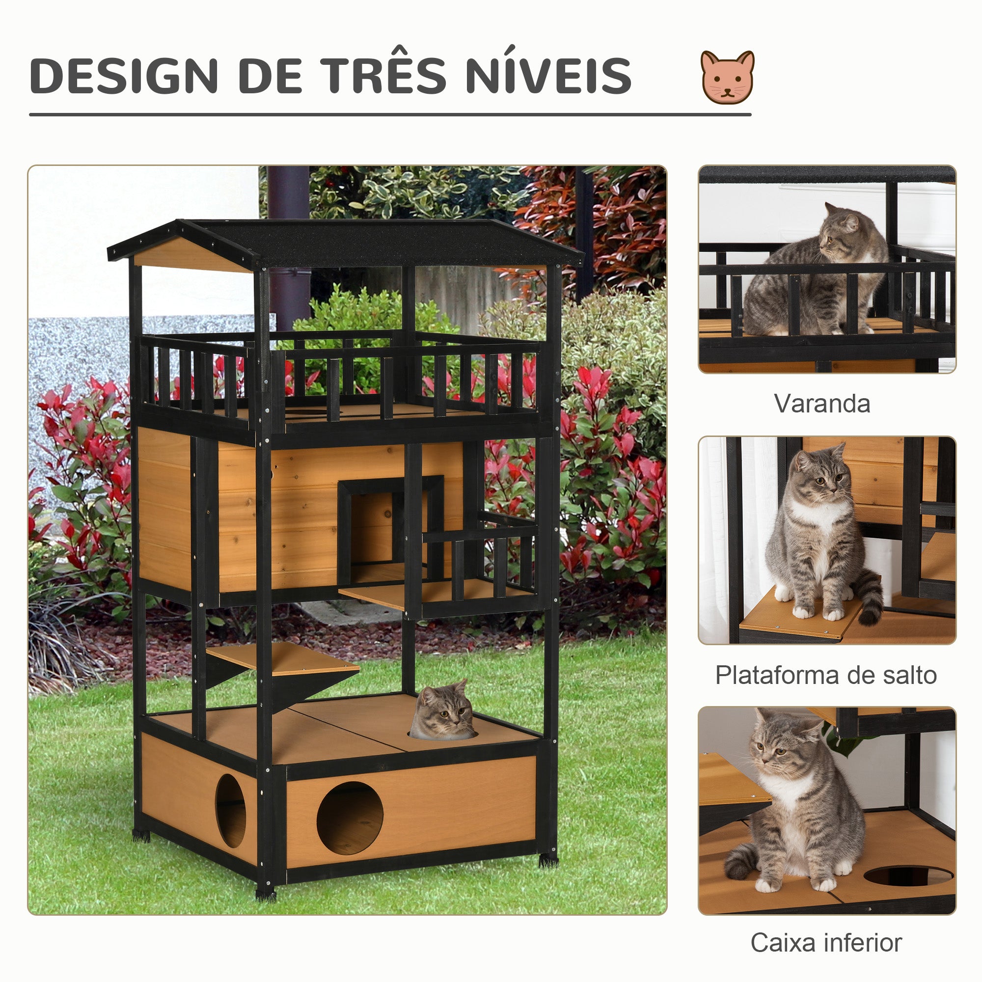 Casa para Gatos de Madeira Natural 75,5x75x137 cm