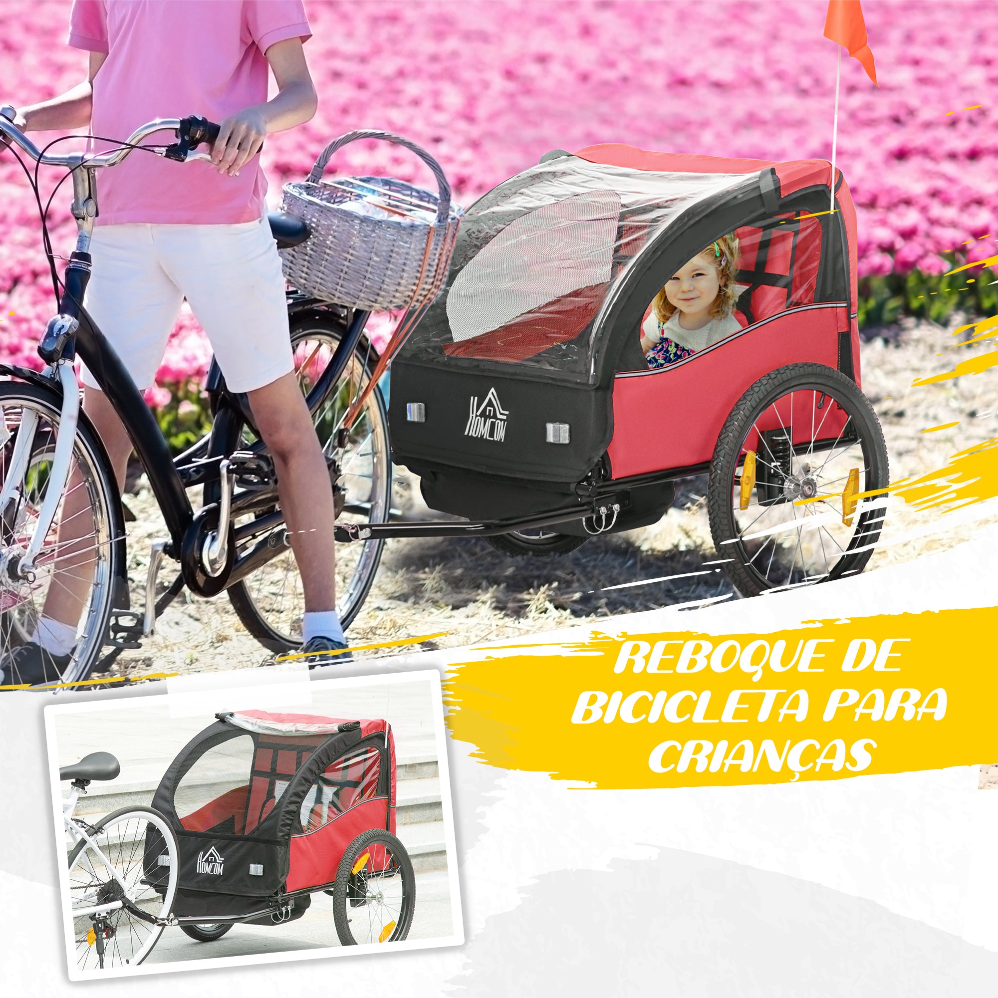 Reboque de Bicicleta para Crianças – 140x88x90 cm – Vermelho – Poliéster e aço