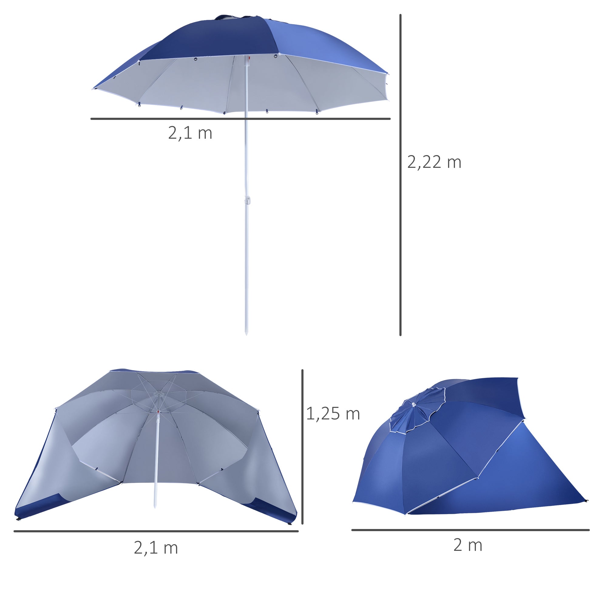 Chapéu de Sol de Praia Azul Φ210x222cm - Proteção UV e Painéis Laterais