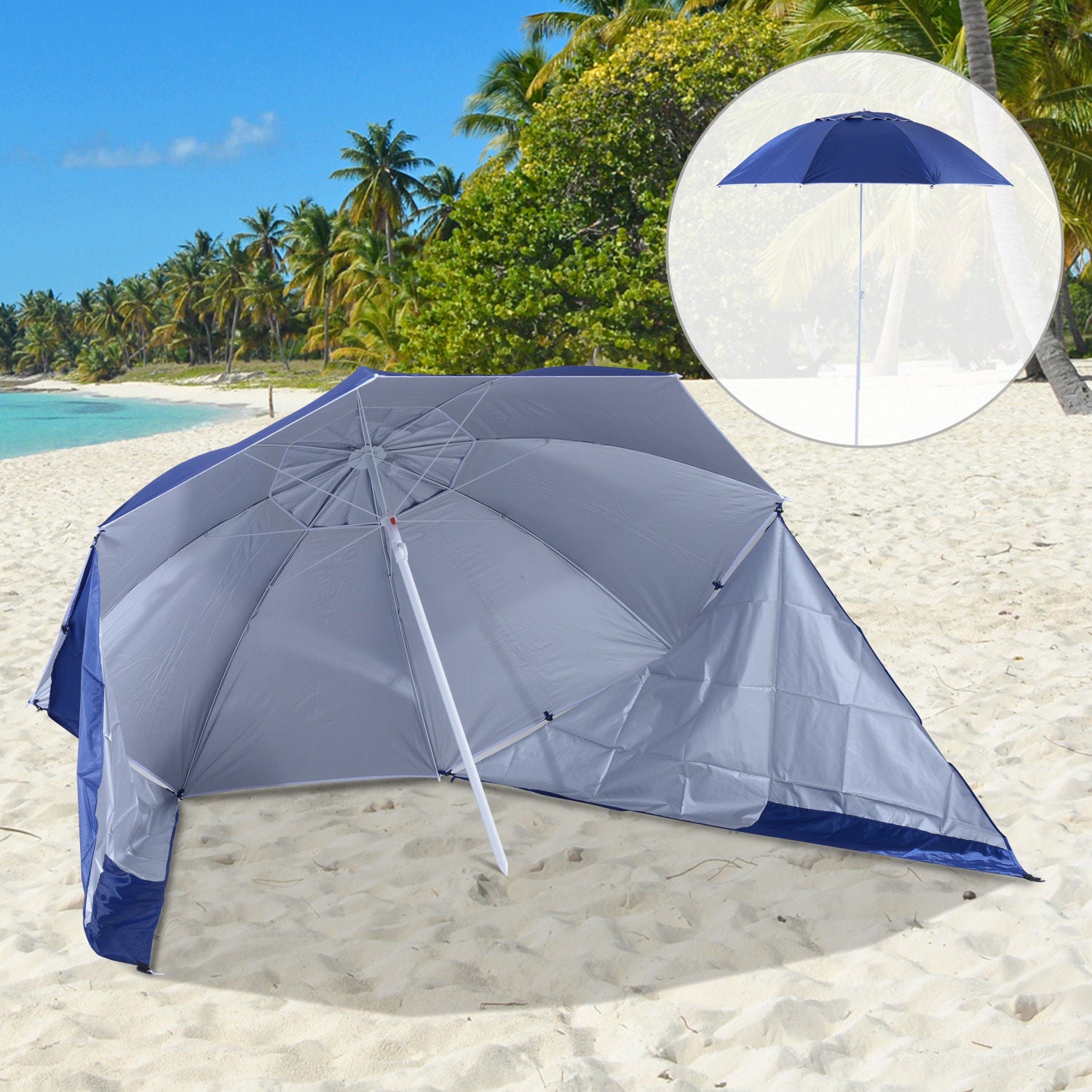 Chapéu de Sol de Praia Azul Φ210x222cm - Proteção UV e Painéis Laterais