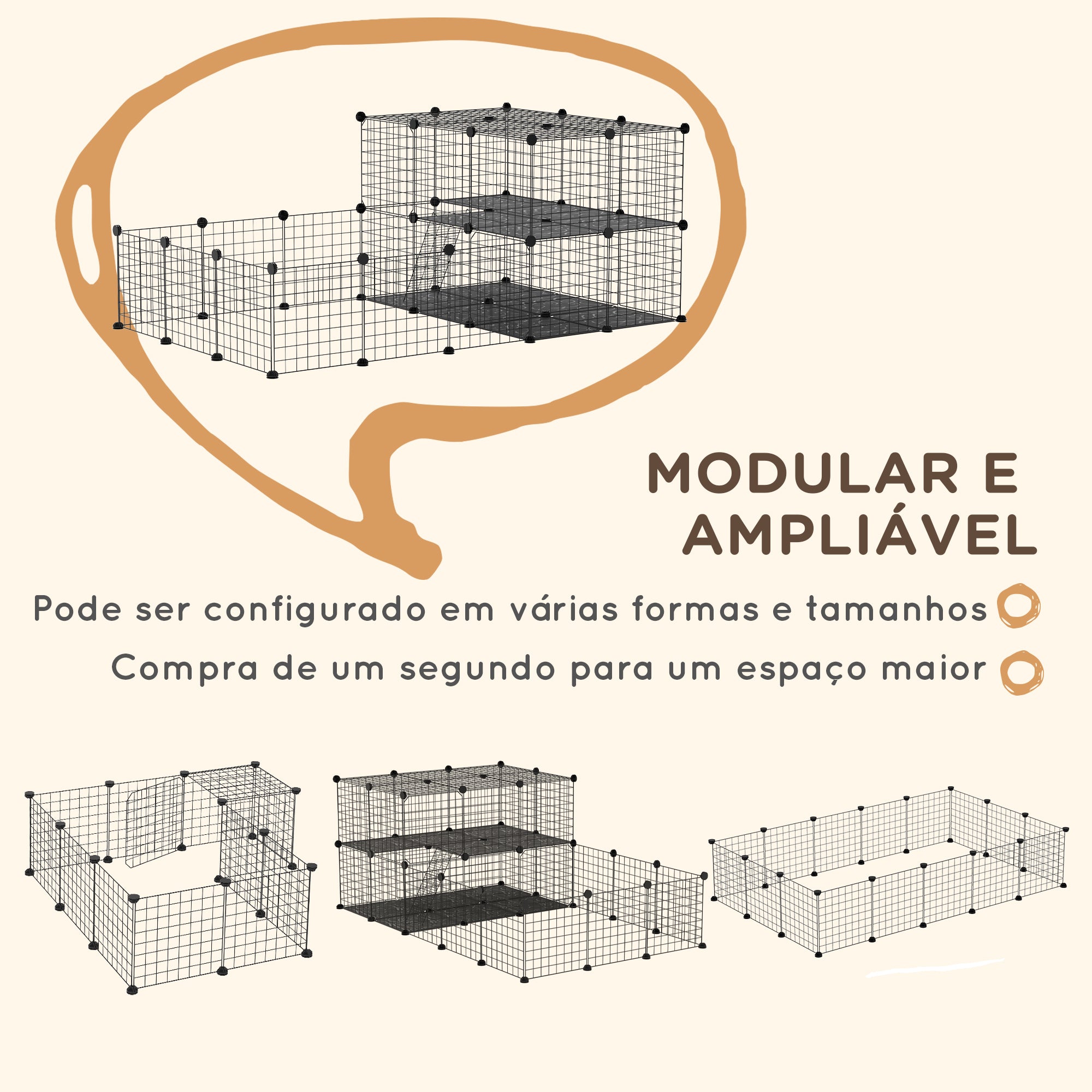 Recinto Metálico para Pequenos Animais – 175x105x70 cm – Cor Preto – Aço e Resina PP