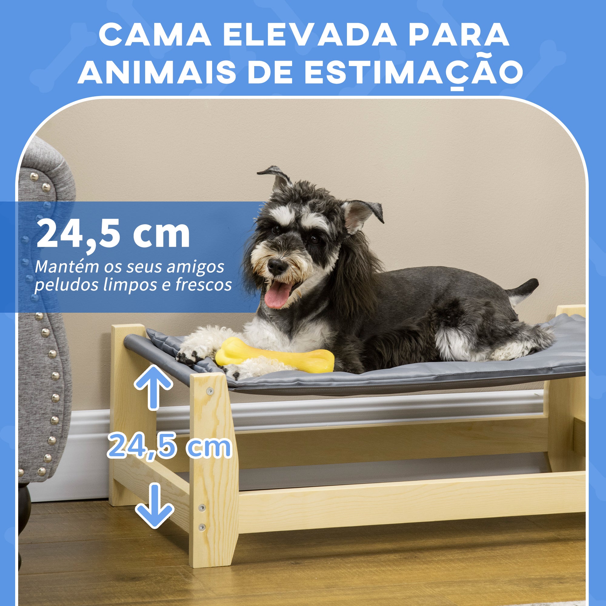 Cama Elevada para Animais de Estimação – 90x50x28cm – Cor Cinza Claro – Madeira de Pinho e Tecido Oxford