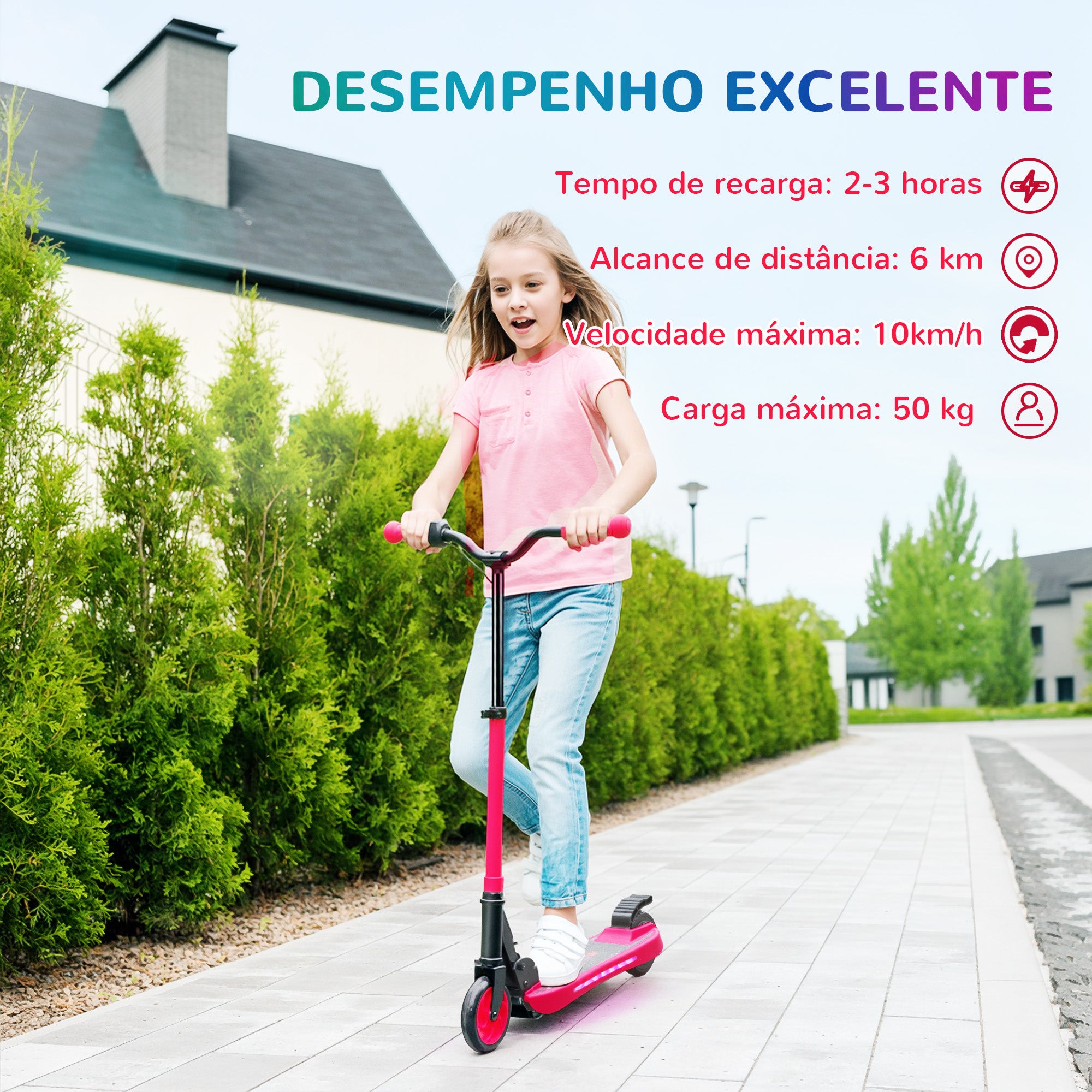 Trotinete Elétrica Dobrável para Crianças – 74x52x83-87 cm – Vermelho – Alumínio