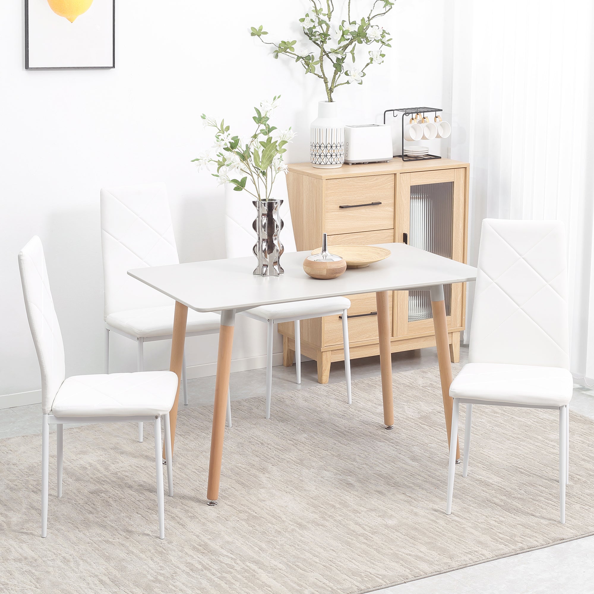 Conjunto de 4 Cadeiras de Sala de Jantar Estofadas – 41x50x97cm – Branco – Couro PVC, espuma e aço