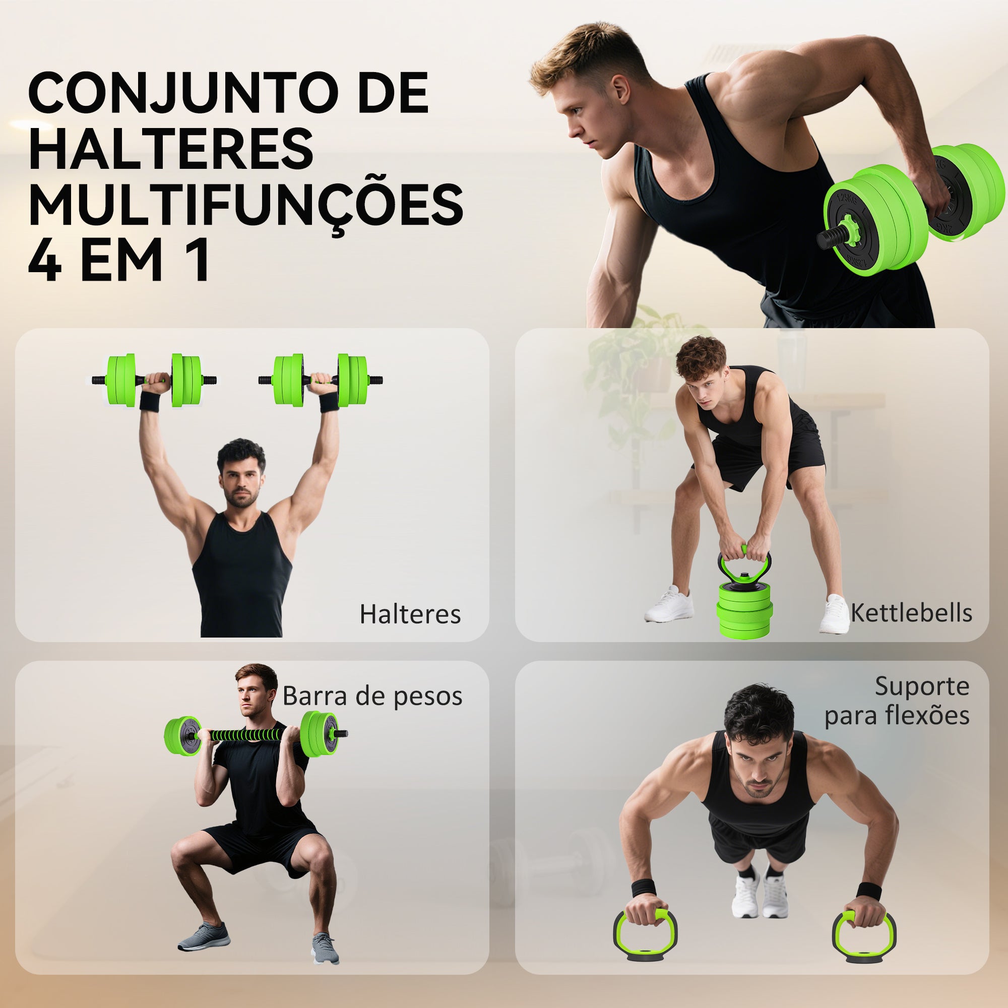 Conjunto de Halteres 20kg Verde 4 em 1 - 95x20x20 cm