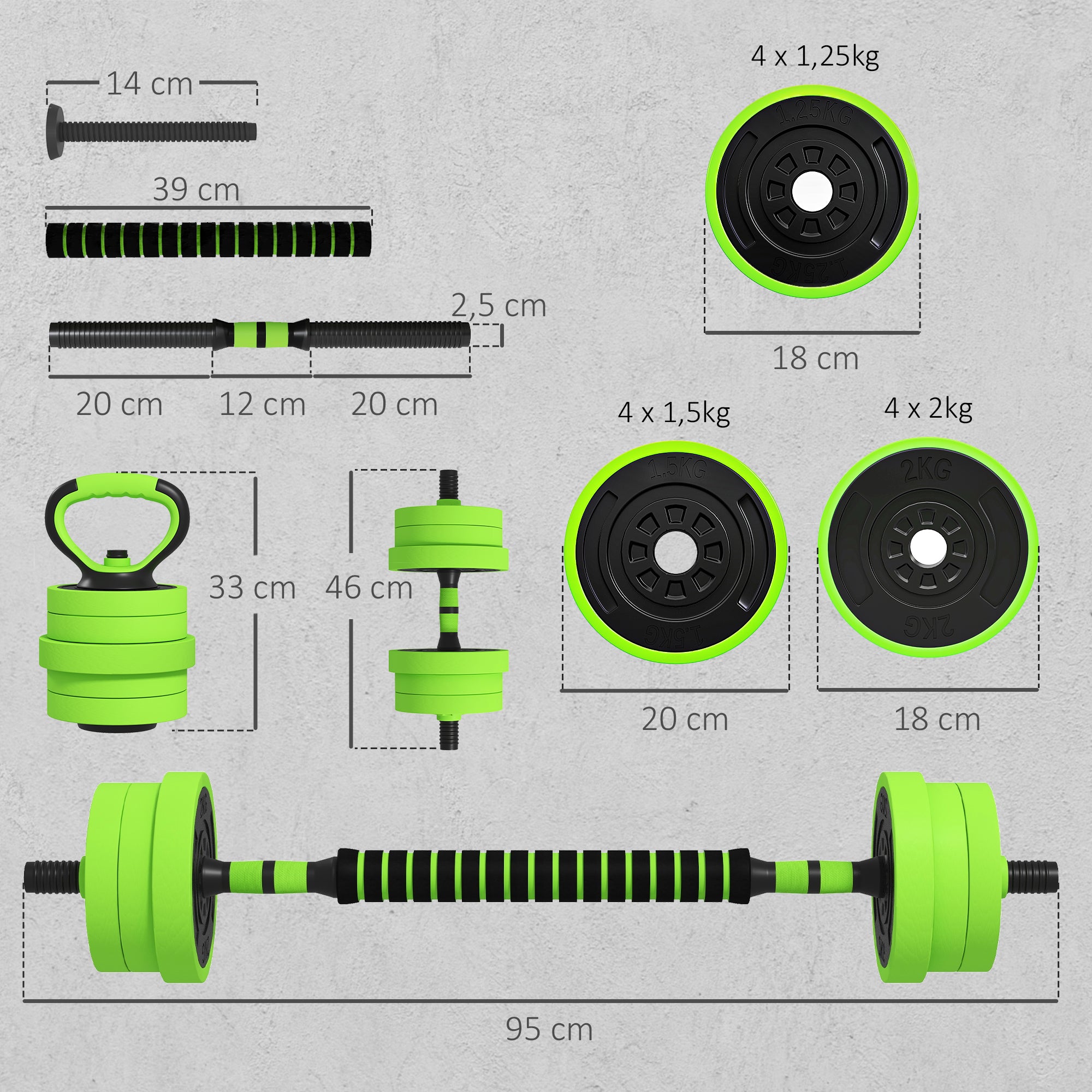 Conjunto de Halteres 20kg Verde 4 em 1 - 95x20x20 cm