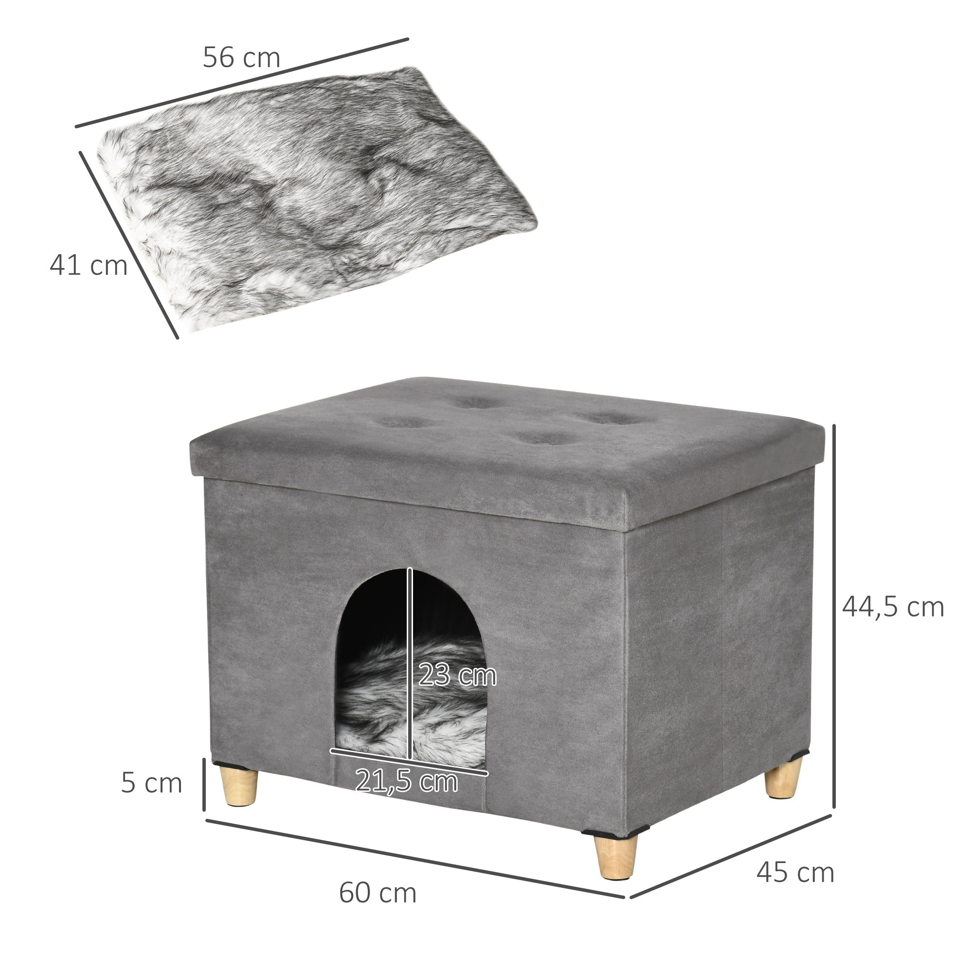 Caverna 2 em 1 para Gatos com Banco Apoio – 60x45x44,5 cm – Cinza – MDF e pelúcia