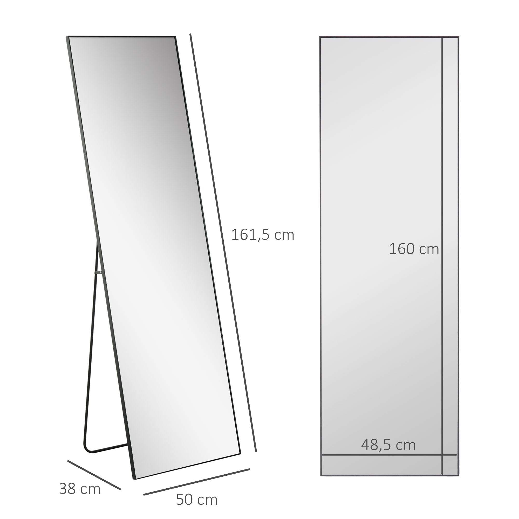 Espelho de Pé Retangular – 50x161,5x2 cm – Cor Preto – Liga de alumínio, Aço e Vidro