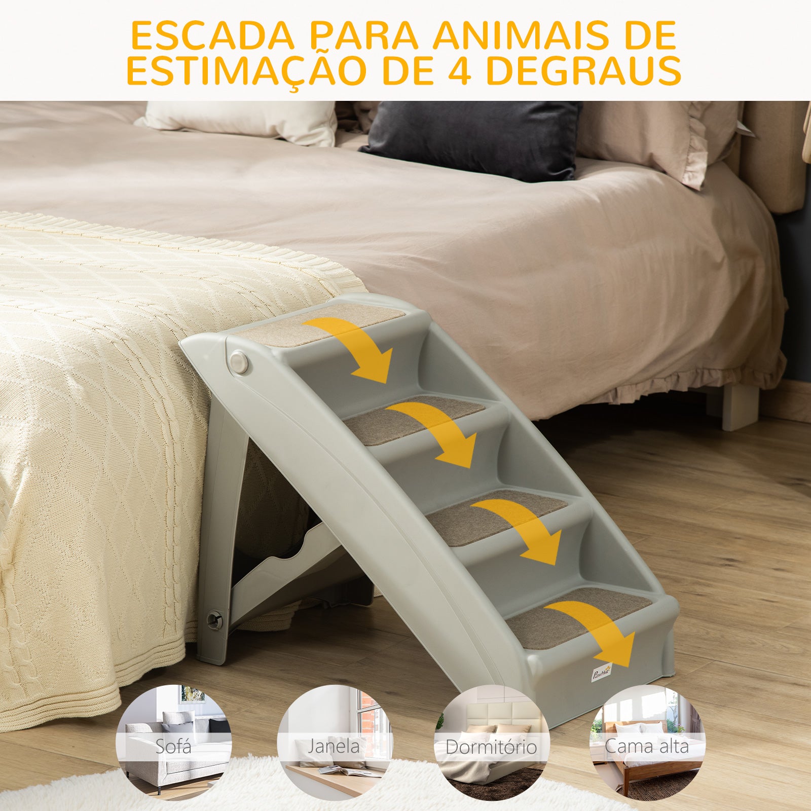Escada Dobrável para Animais de Estimação – 62x38x49,5cm – Cinza – Polipropileno