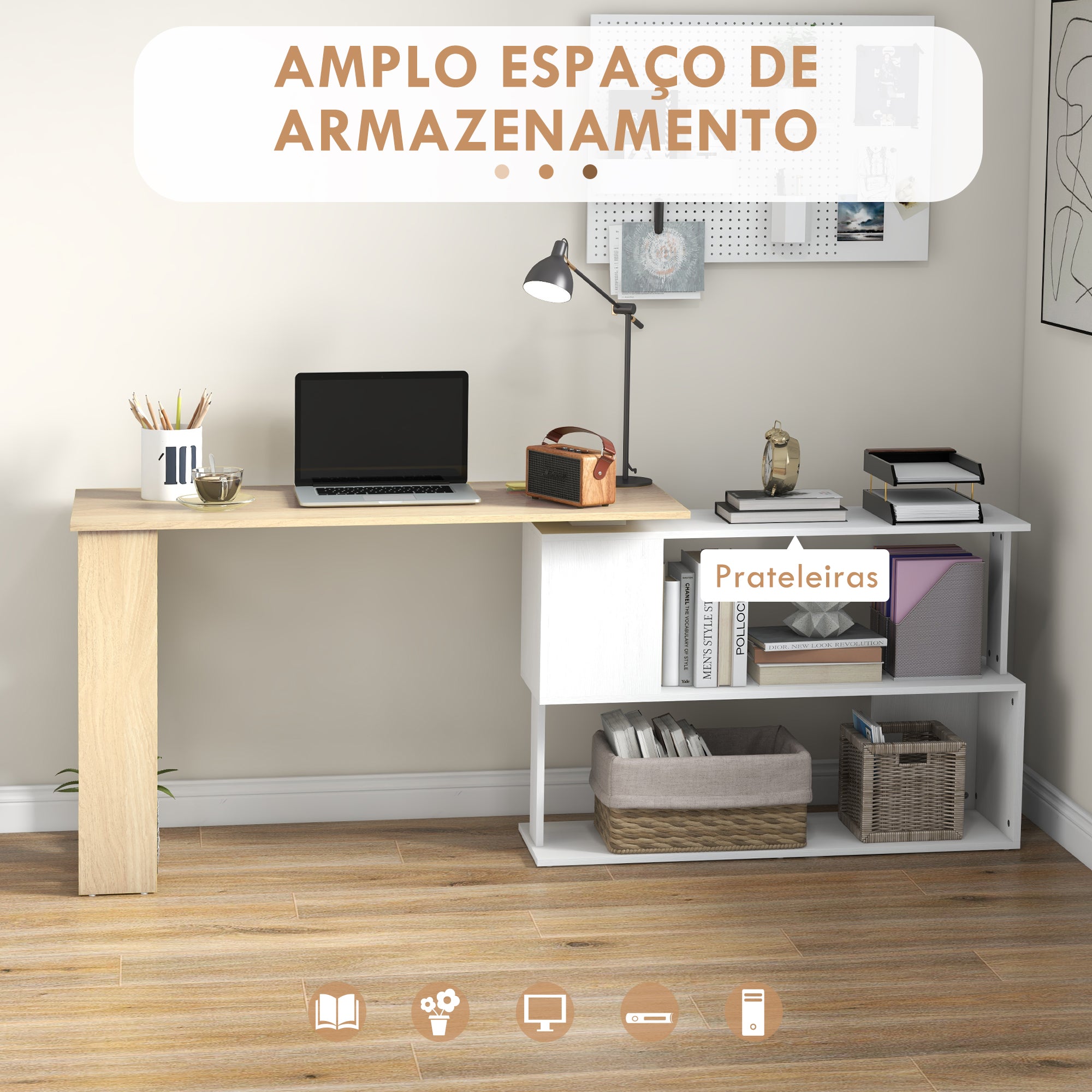 Mesa de Canto Giratória 360° com 5 Prateleiras - 120x110x74,5 cm - Madeira e Branco