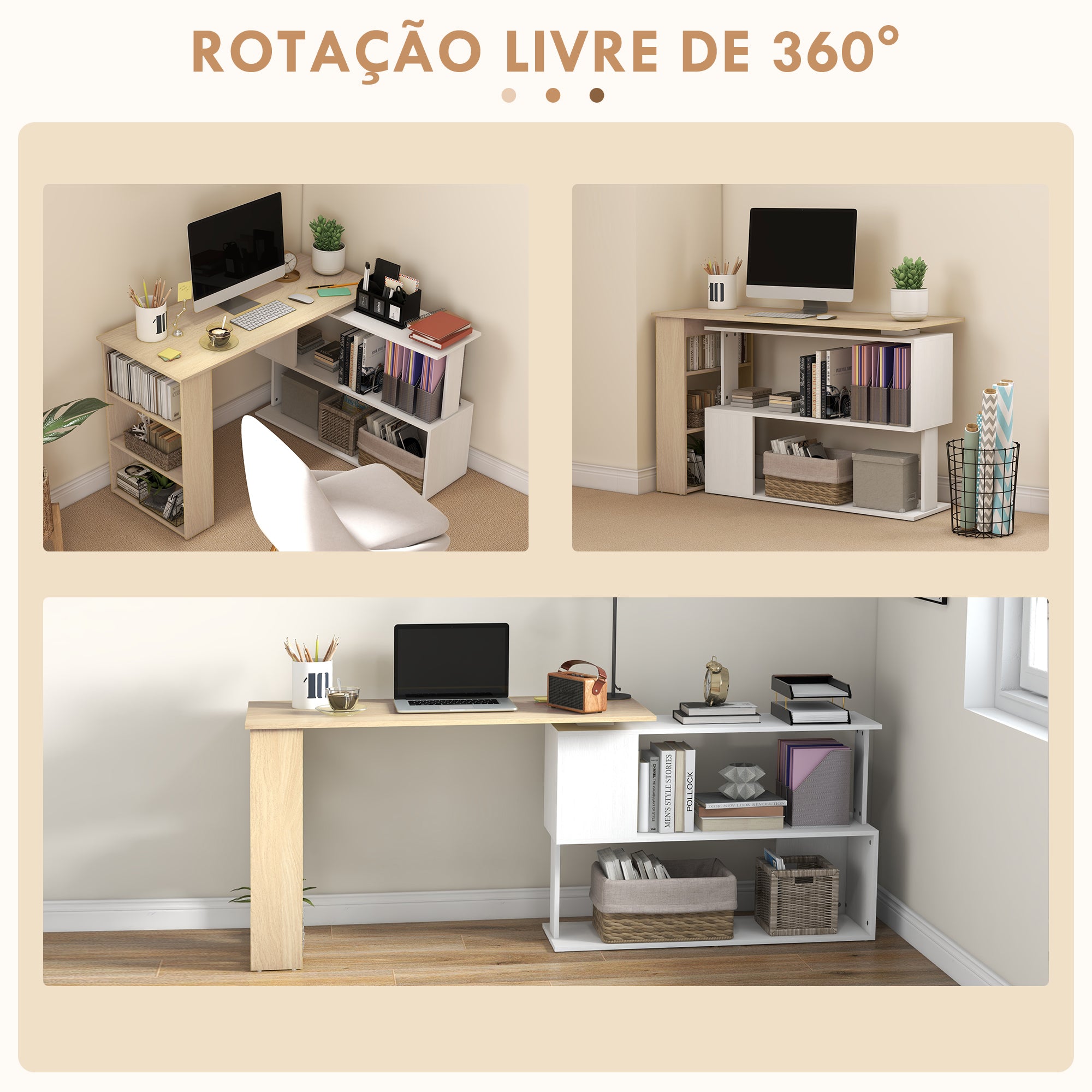 Mesa de Canto Giratória 360° com 5 Prateleiras - 120x110x74,5 cm - Madeira e Branco