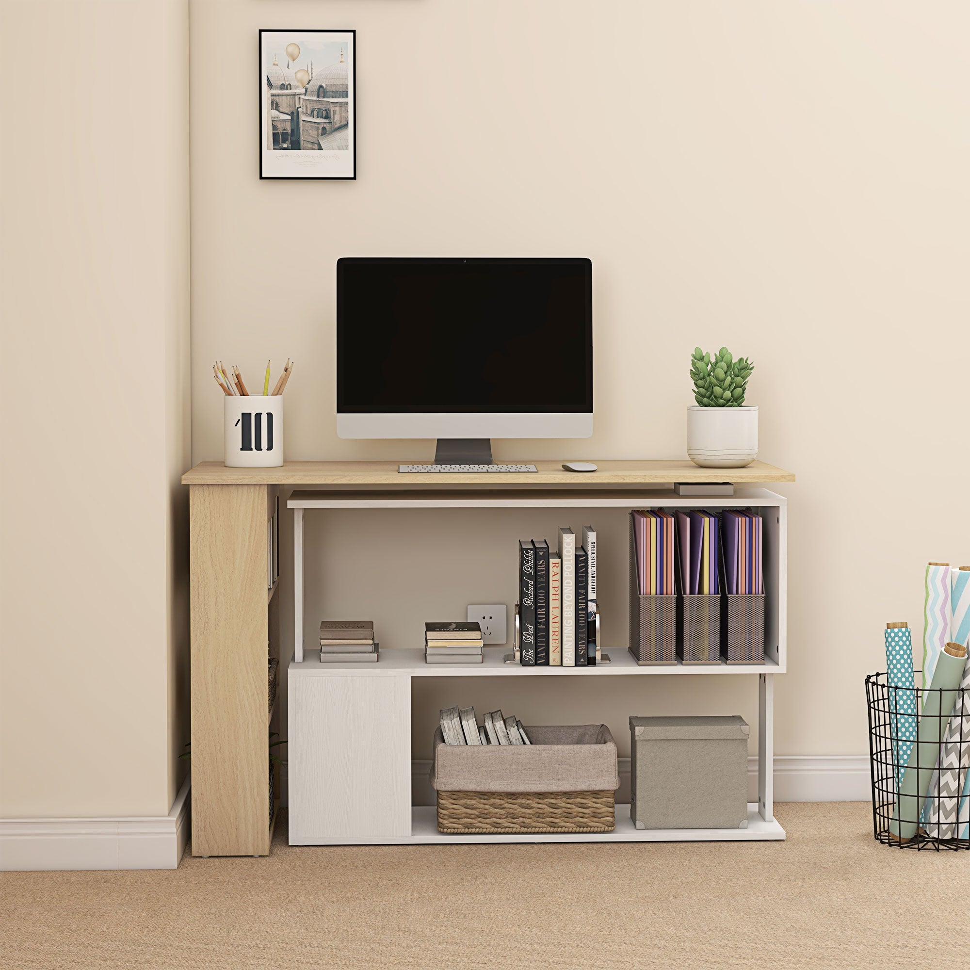 Mesa de Canto Giratória 360° com 5 Prateleiras - 120x110x74,5 cm - Madeira e Branco