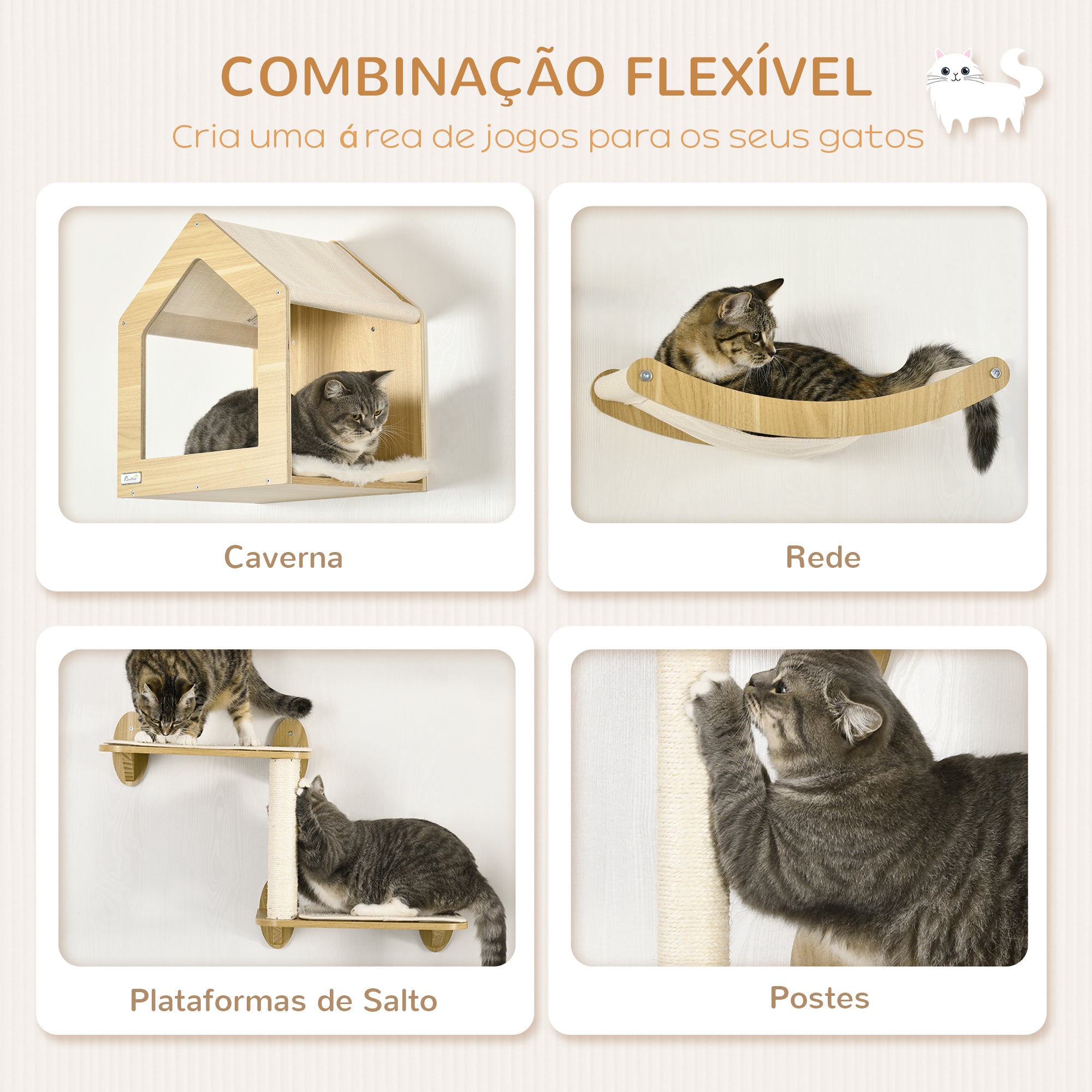 Conjunto de Prateleiras de Parede para Gatos - 40x32,5x45 cm - Cor de Carvalho