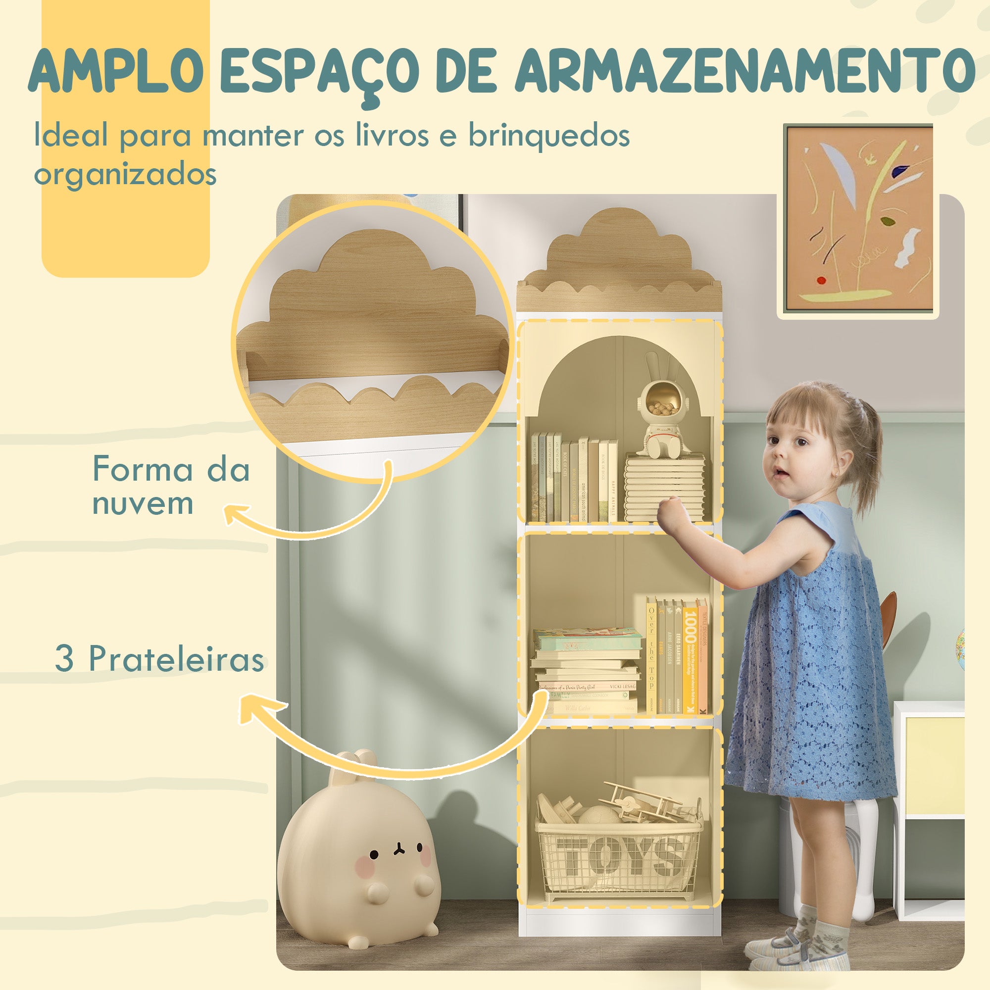 Estante Infantil 3 Níveis 40x30x139,5 cm – Branco e Madeira