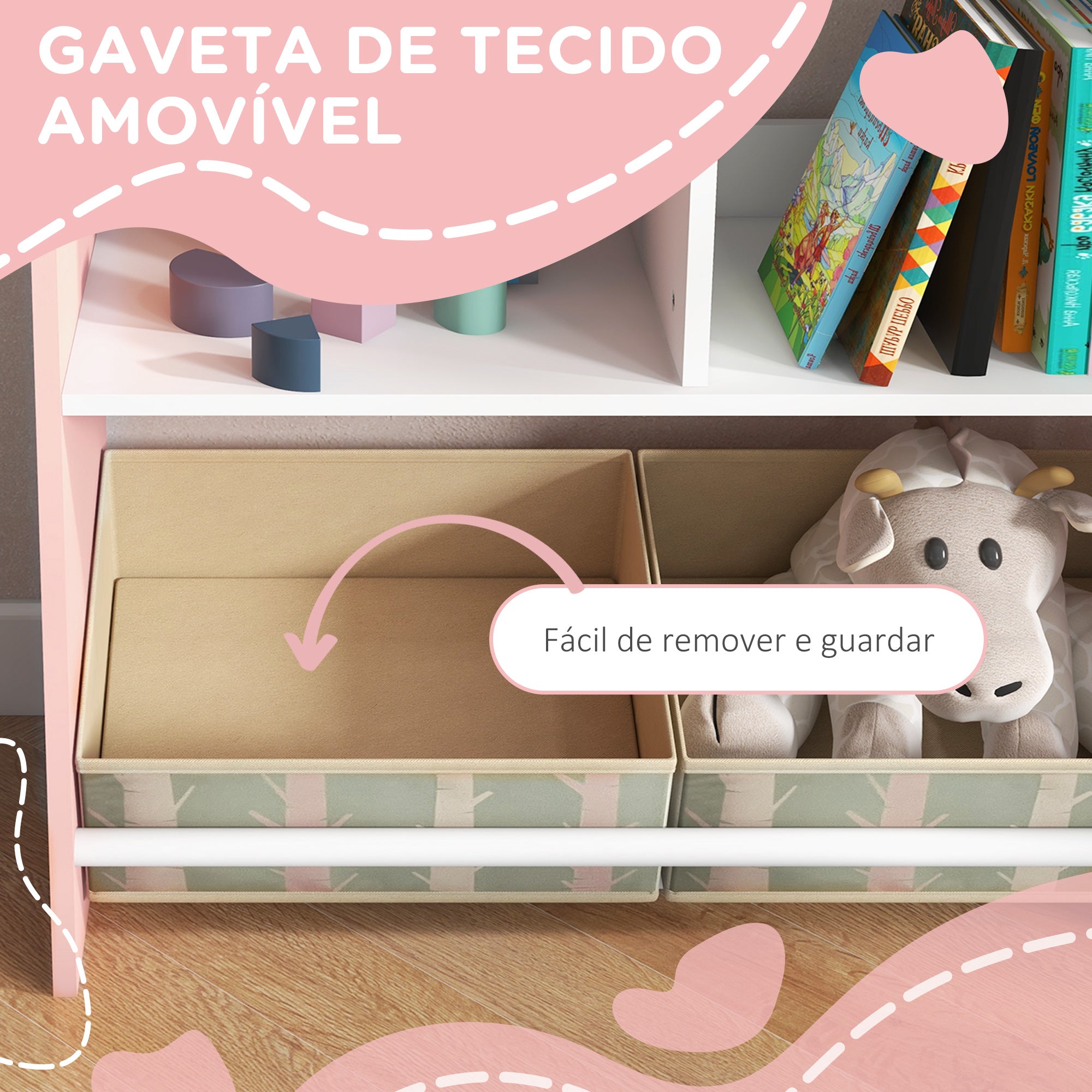 Estante Organizadora Infantil – 62,4x26,5x90 cm – Rosa – MDF e tecido