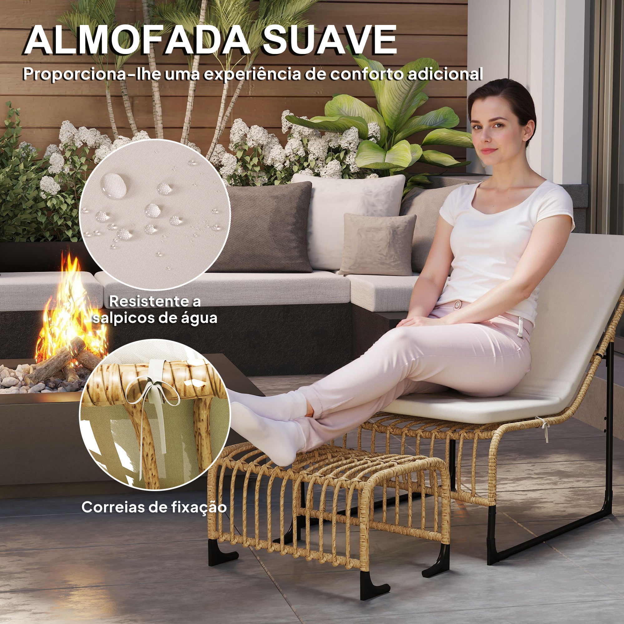 Poltrona de Jardim com Apoio para os Pés 65x93x80 cm - Bege, Madeira e Preto