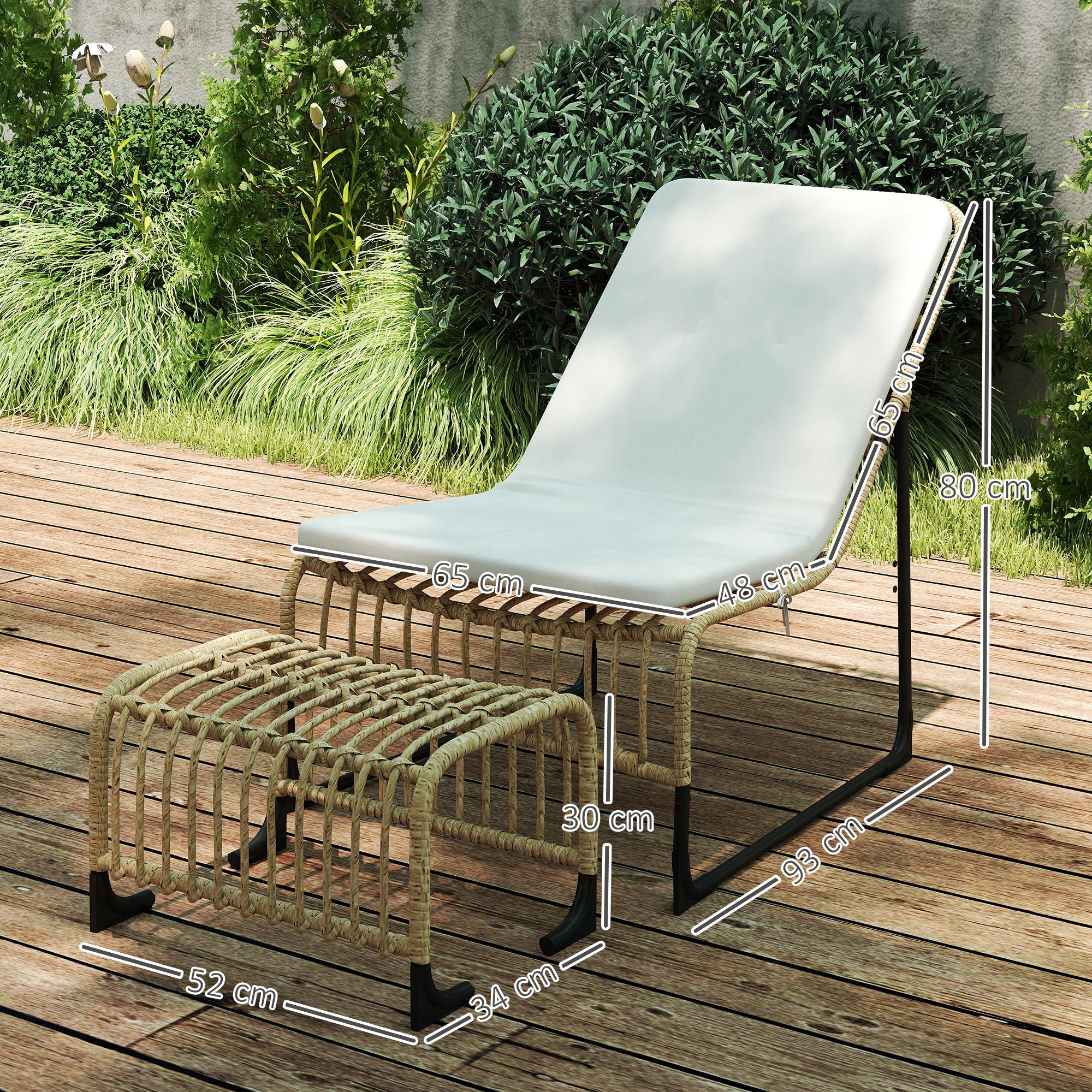 Poltrona de Jardim com Apoio para os Pés 65x93x80 cm - Bege, Madeira e Preto