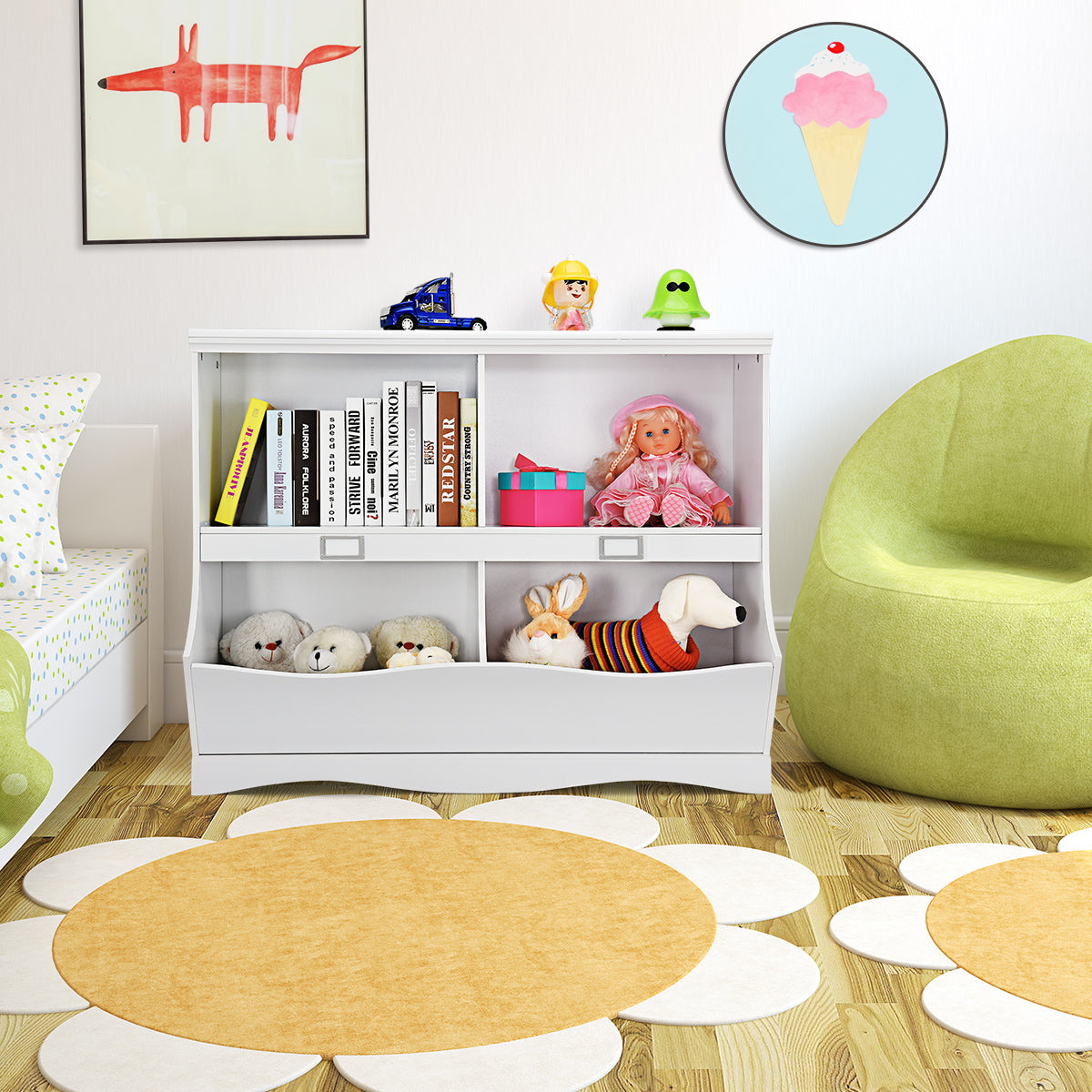 Estante de Armazenamento com 2 Compartimentos e 2 Contentores – 105,5 x 39,5 x 84 cm – Branco – Madeira