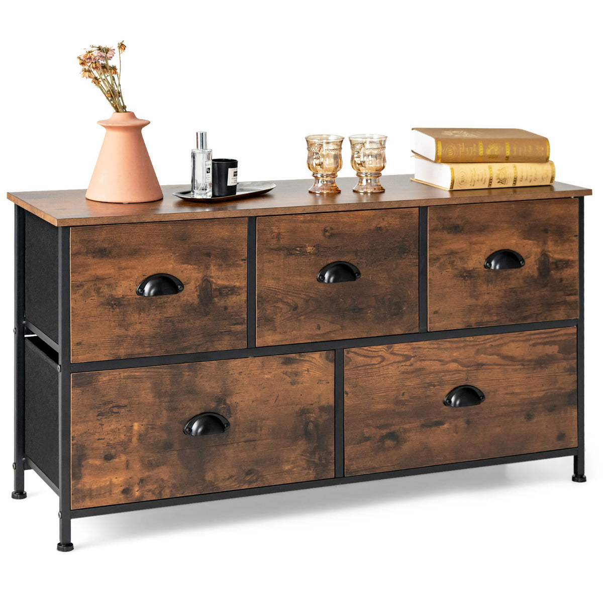 Aparador com 5 Gavetas – 100 x 30 x 54 cm – Castanho – Aço e tecido