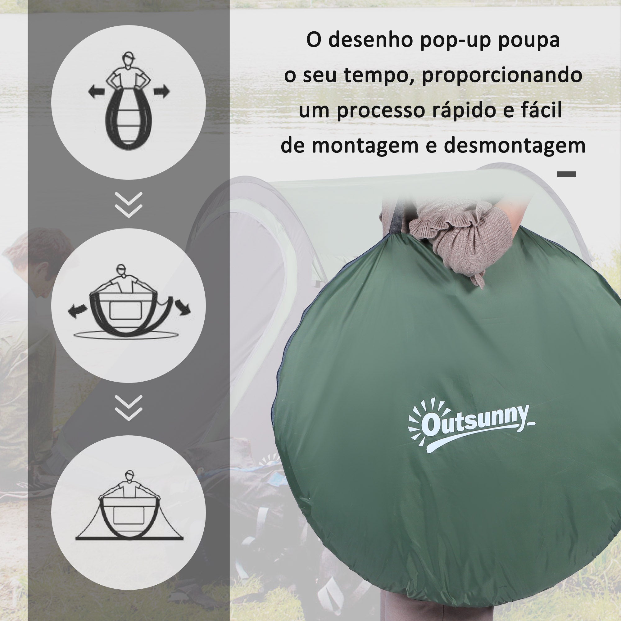 Tenda de Campismo Pop-Up – 250x150x100 cm – Verde e Preto – Poliester