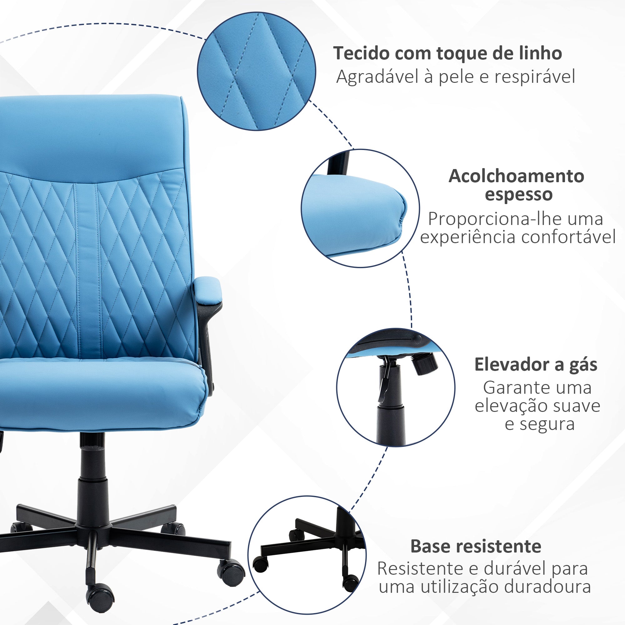 Cadeira de Escritório Giratória 360° – 65x65x102-112,5 cm – Azul – PU