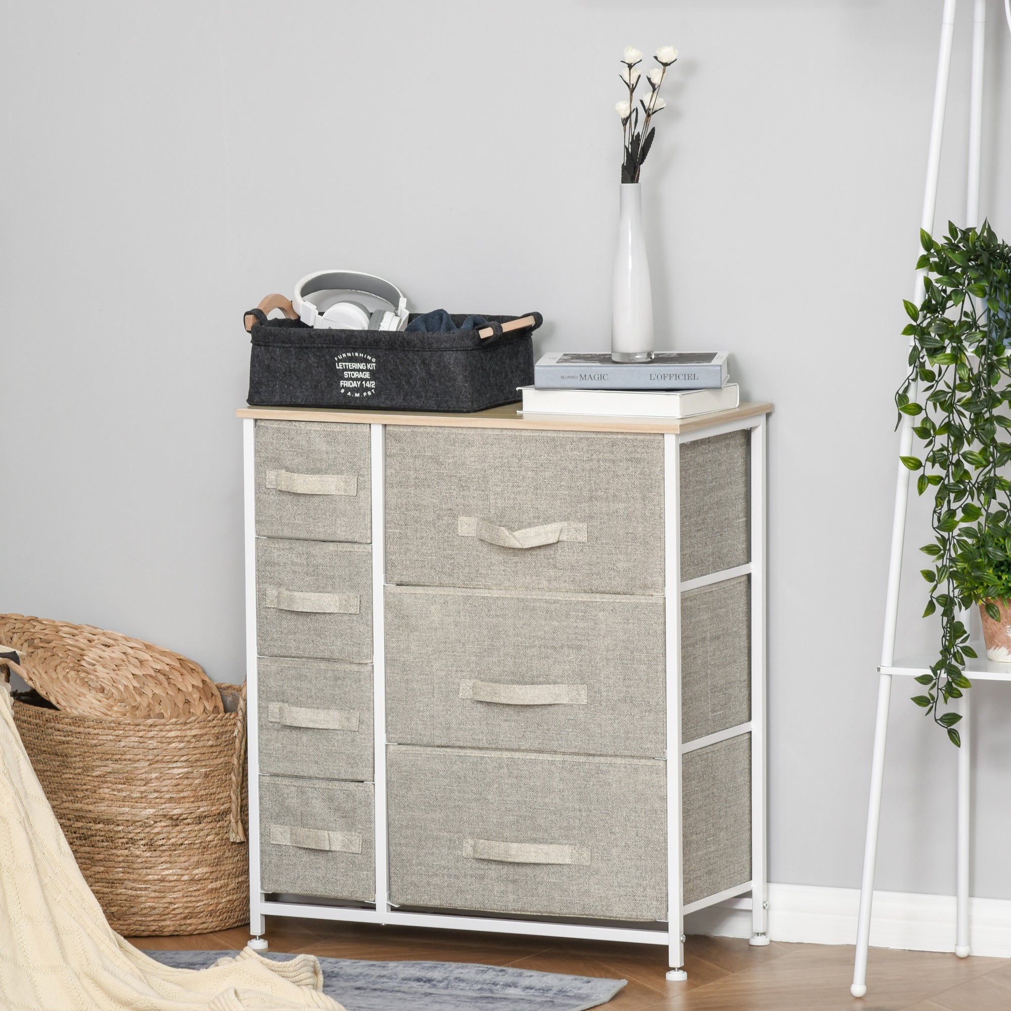 Cómoda Multifuncional – 63,5x30x71cm – Branco, Carvalho e Cinza Claro – MDF e Metal