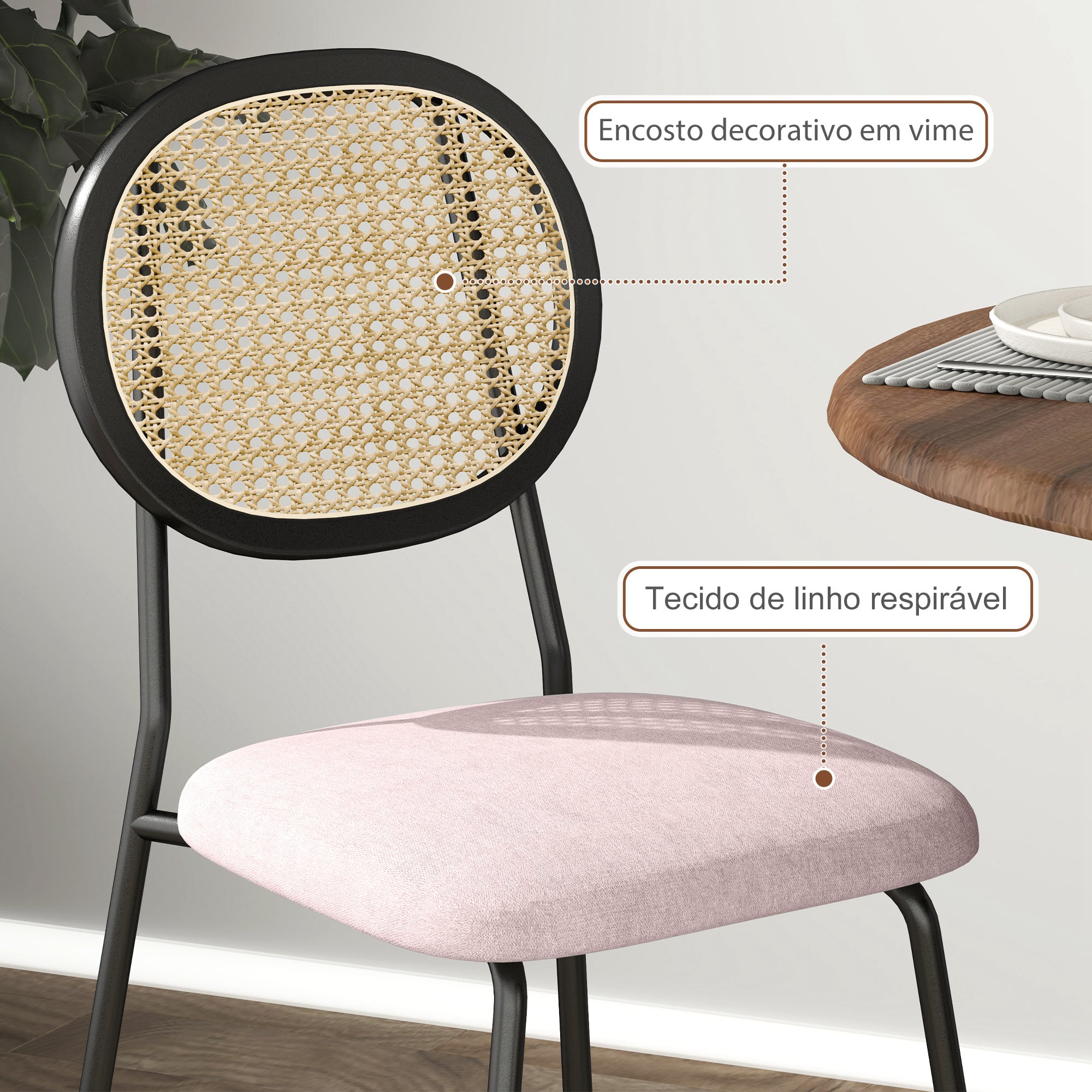 Conjunto de 2 Cadeiras de Sala de Jantar – 44x54x87 cm – Rosa – Vime PE, Tecido de Linho Sintético, Espuma de Alta Densidade, Aço Revestido a Pó
