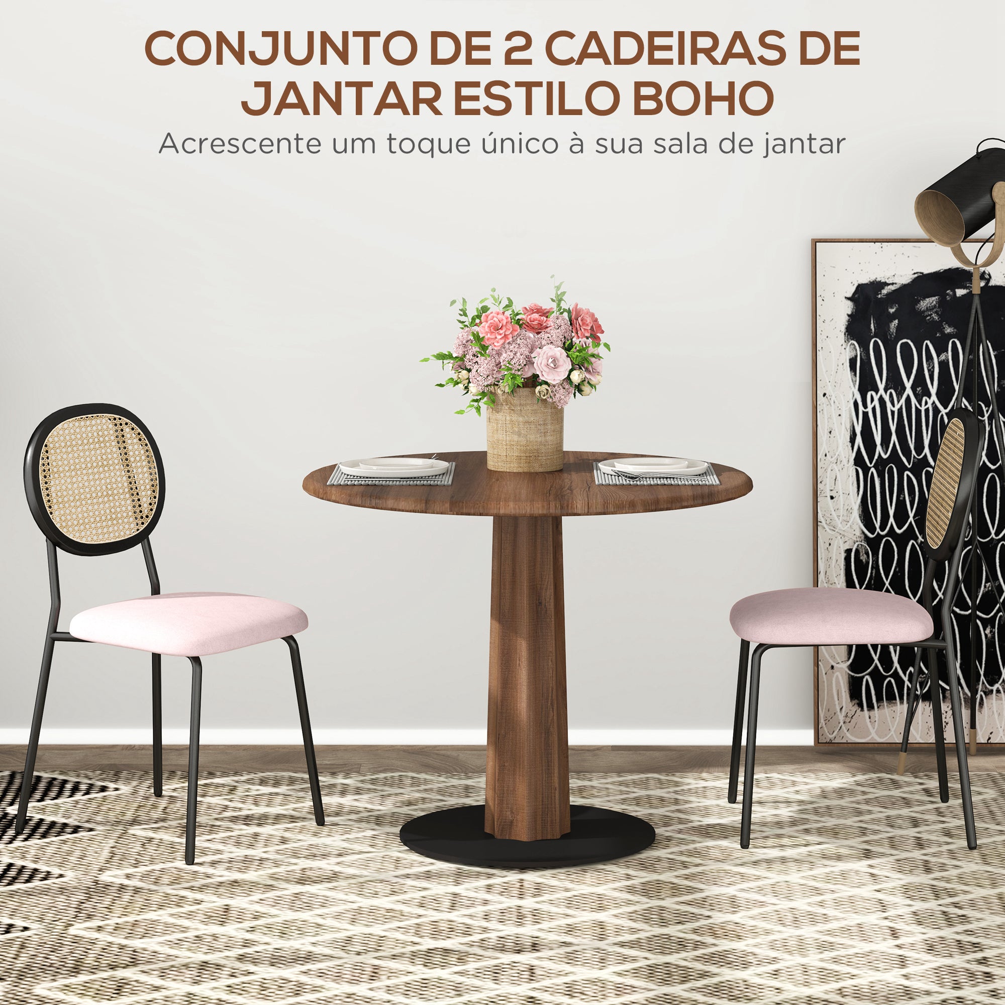 Conjunto de 2 Cadeiras de Sala de Jantar – 44x54x87 cm – Rosa – Vime PE, Tecido de Linho Sintético, Espuma de Alta Densidade, Aço Revestido a Pó