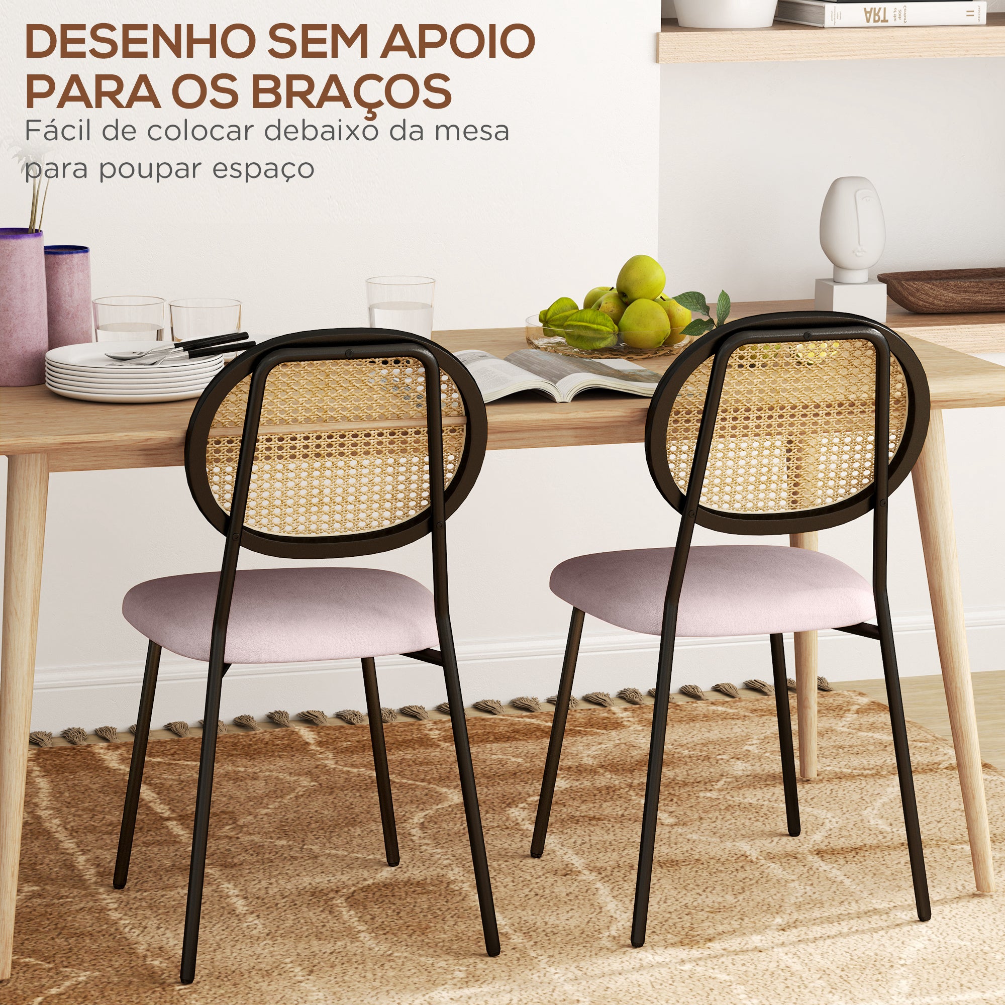 Conjunto de 2 Cadeiras de Sala de Jantar – 44x54x87 cm – Rosa – Vime PE, Tecido de Linho Sintético, Espuma de Alta Densidade, Aço Revestido a Pó