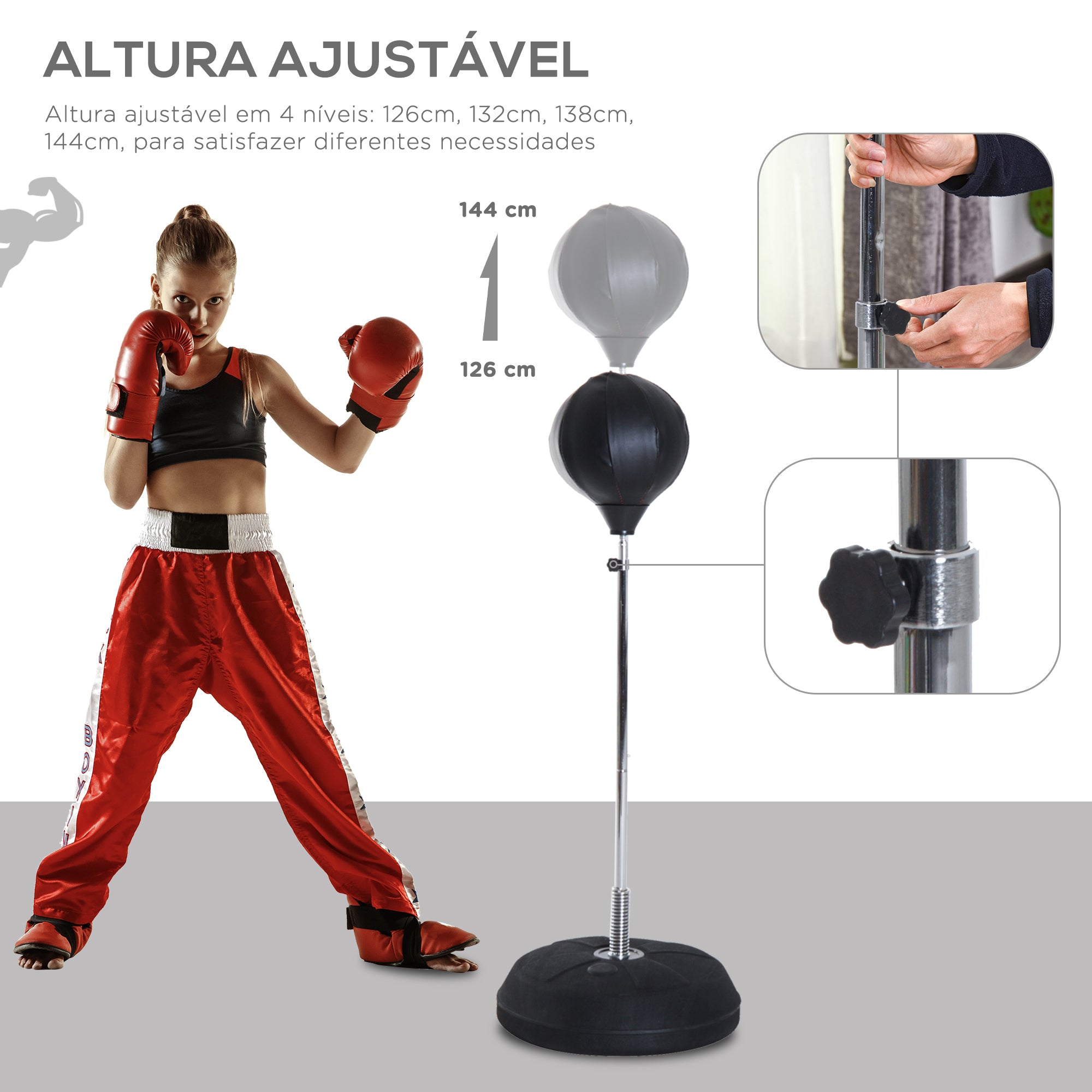 Saco de Boxe de Pé Punching Ball – Ø43x126-144 cm – Preto – Couro sintético, plástico e aço