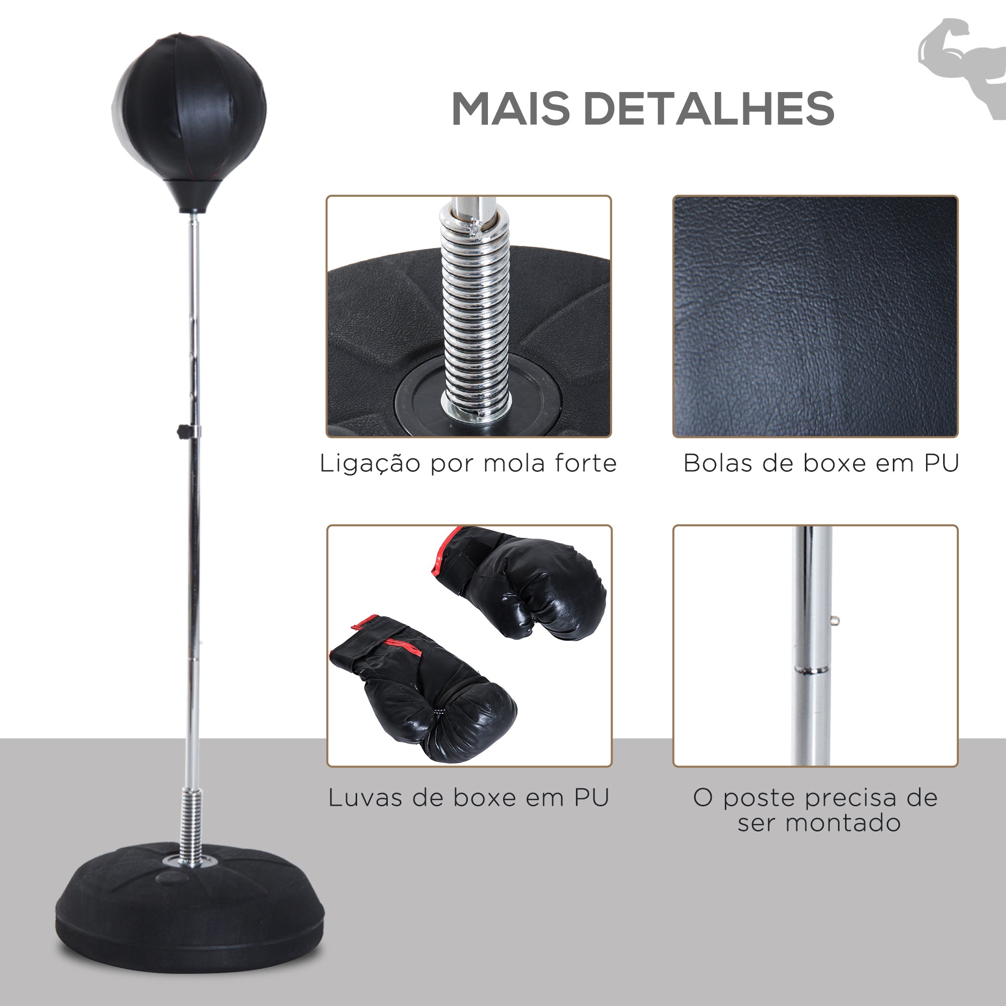 Saco de Boxe de Pé Punching Ball – Ø43x126-144 cm – Preto – Couro sintético, plástico e aço