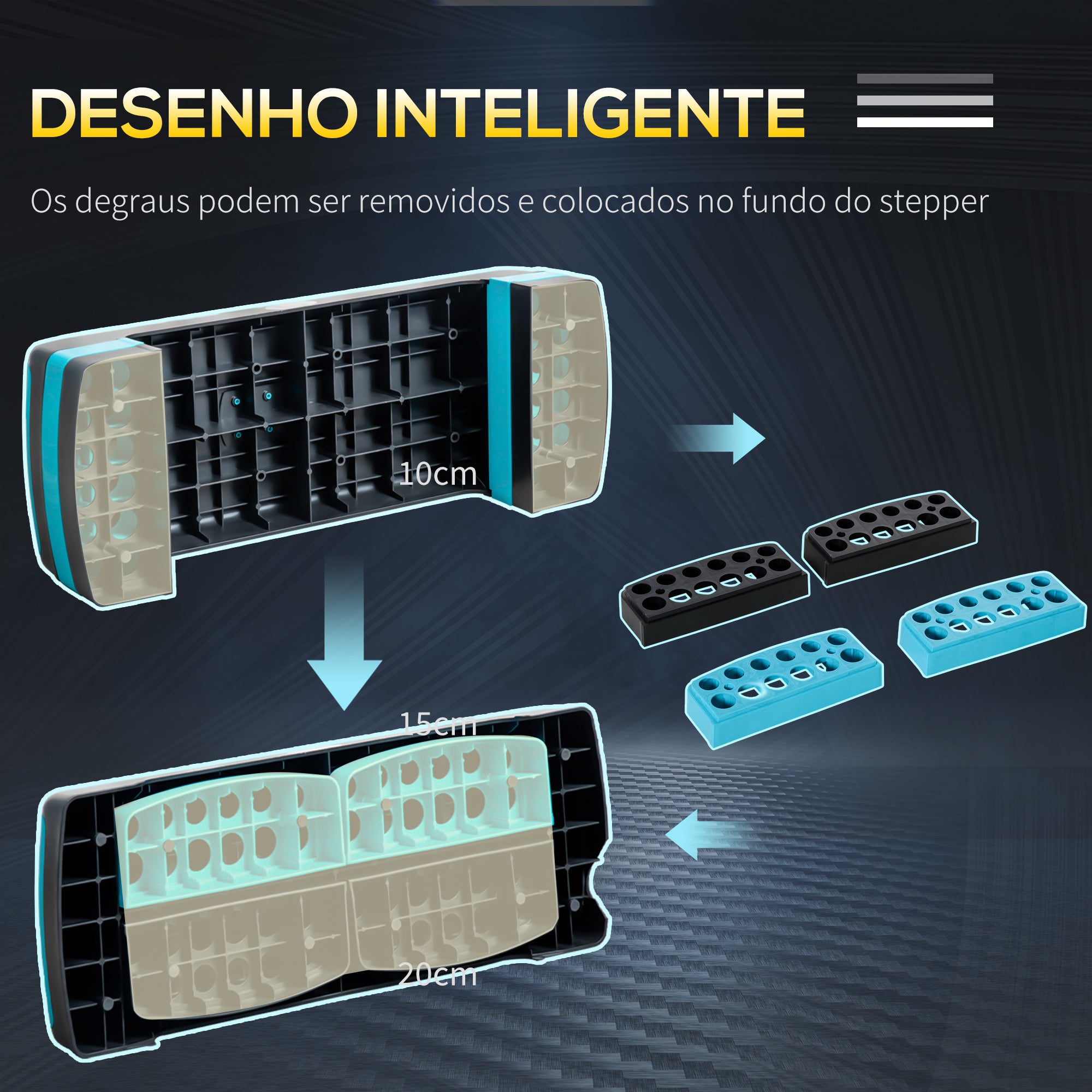 Plataforma Step Fitness com Altura Ajustável 10/15/20 cm - Azul e Preto 78x28x20 cm
