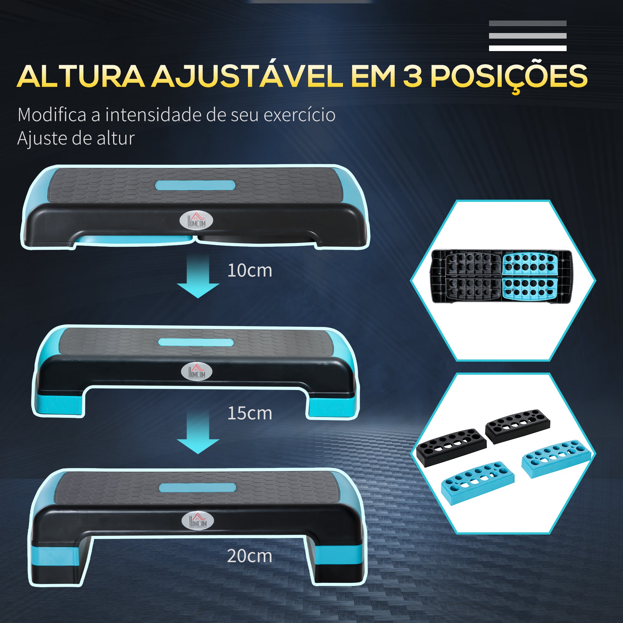Plataforma Step Fitness com Altura Ajustável 10/15/20 cm - Azul e Preto 78x28x20 cm