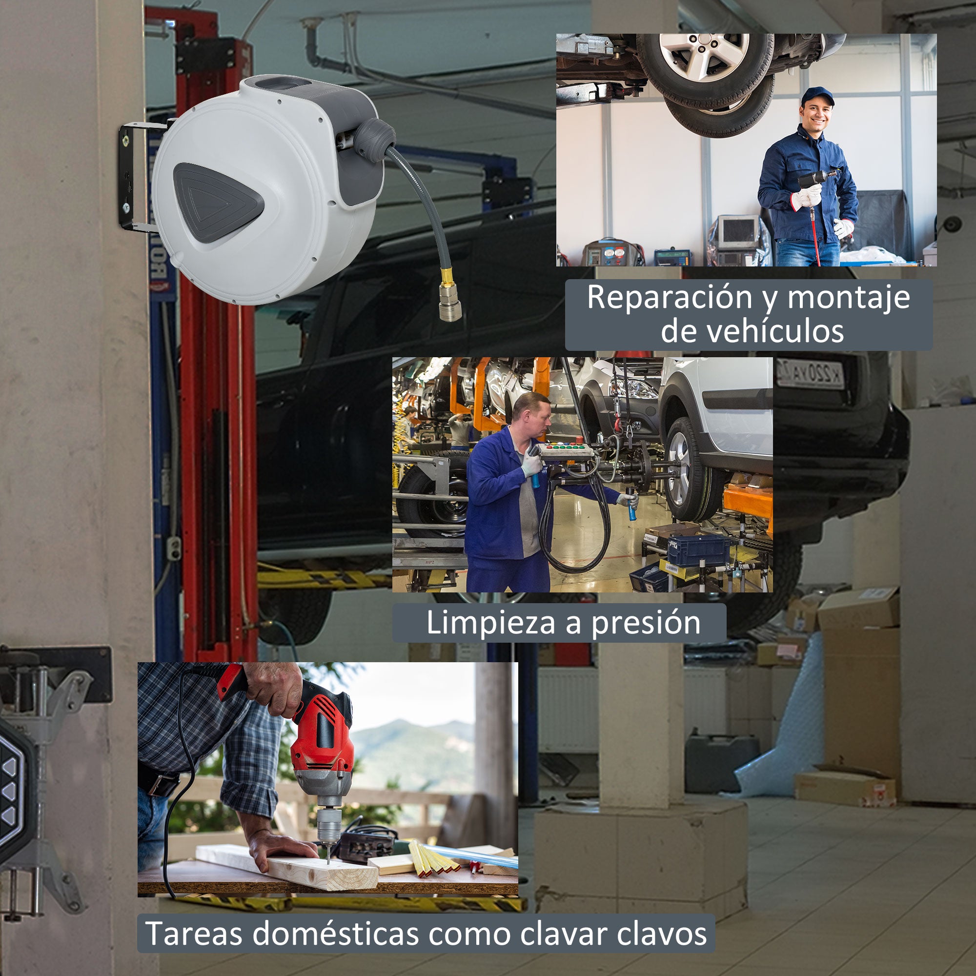 Carretel de Mangueira de Ar Comprimido Automático - 15m Cinzento (43x25x35 cm)