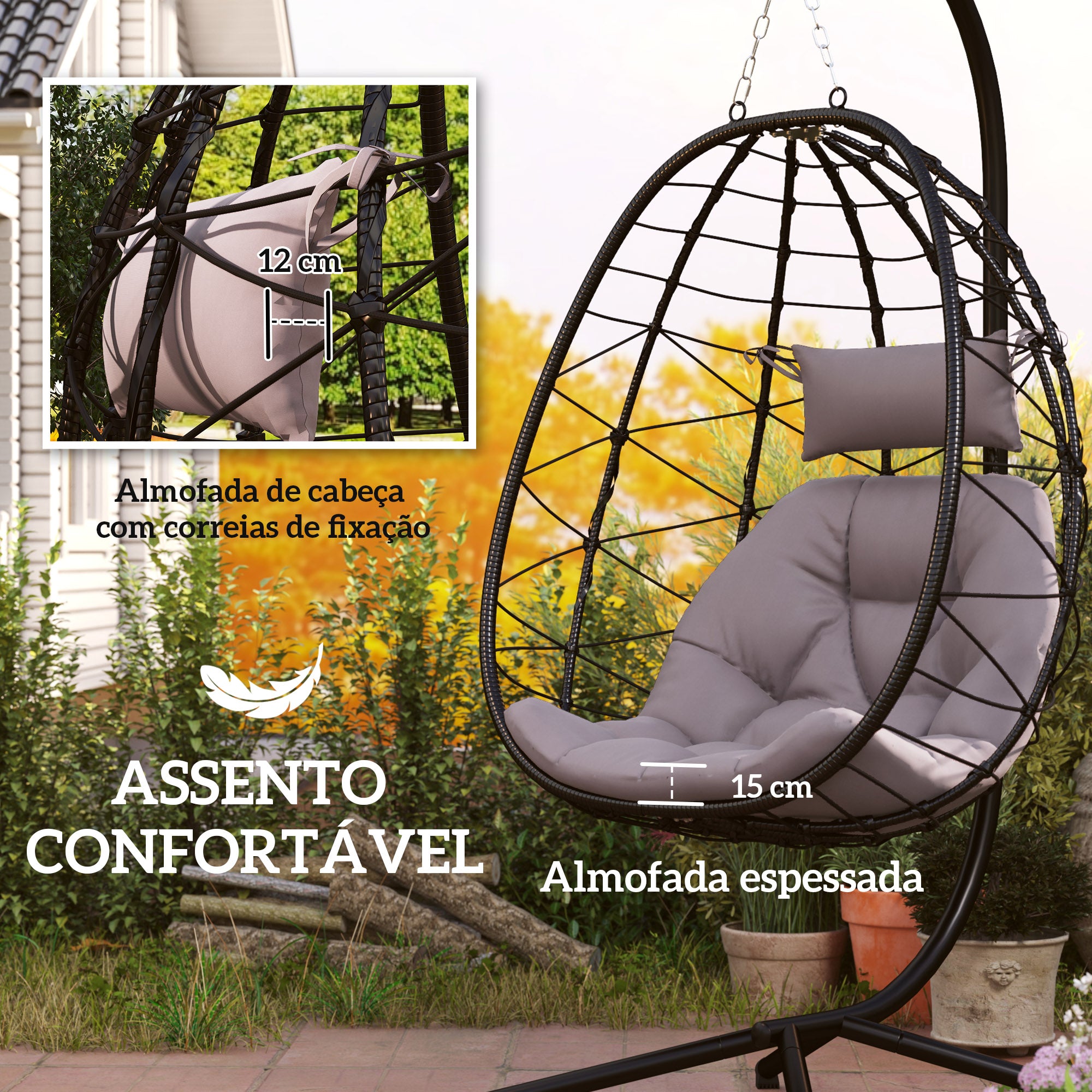Cadeira Suspensa com Suporte Cinzento 98x95x198 cm
