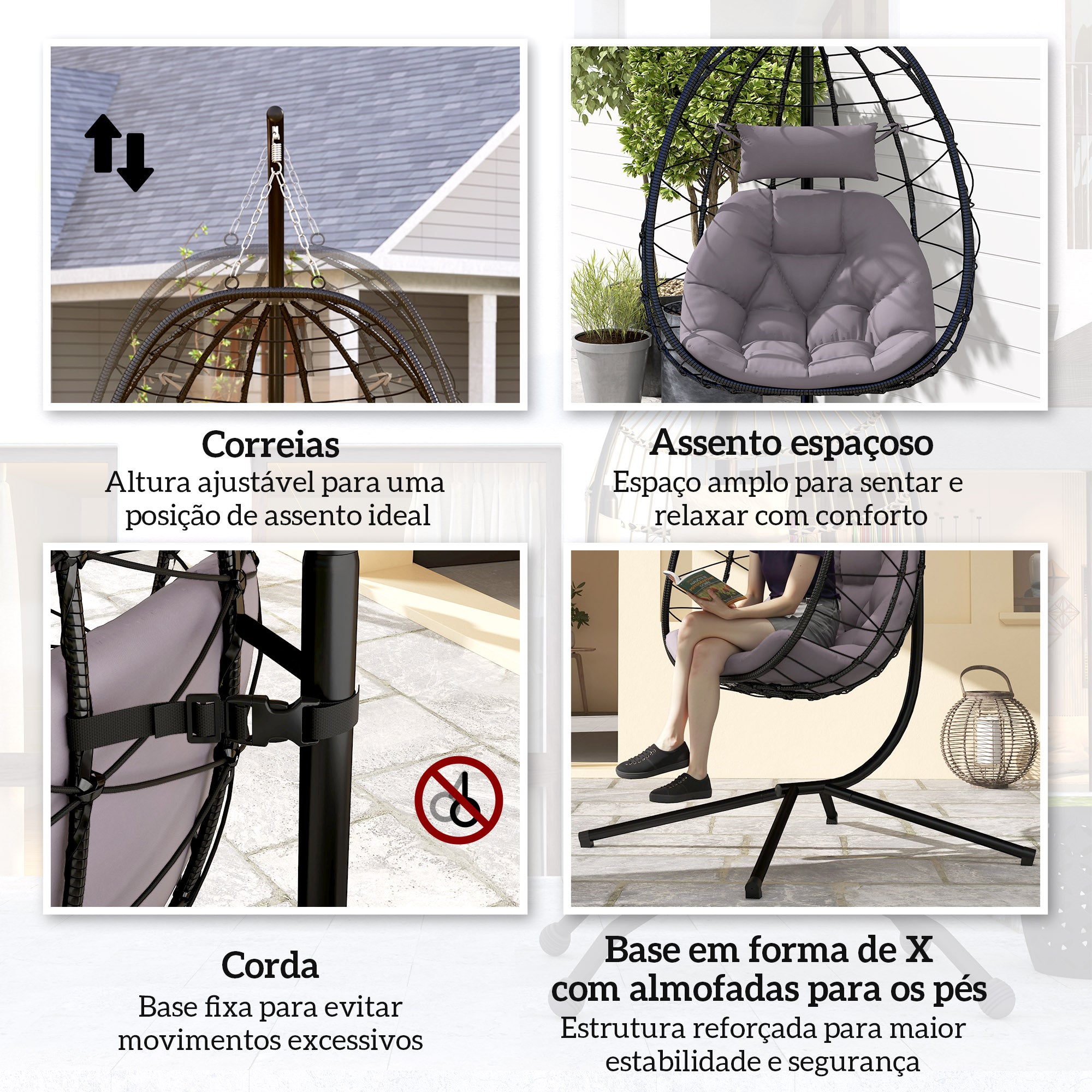 Cadeira Suspensa com Suporte Cinzento 98x95x198 cm